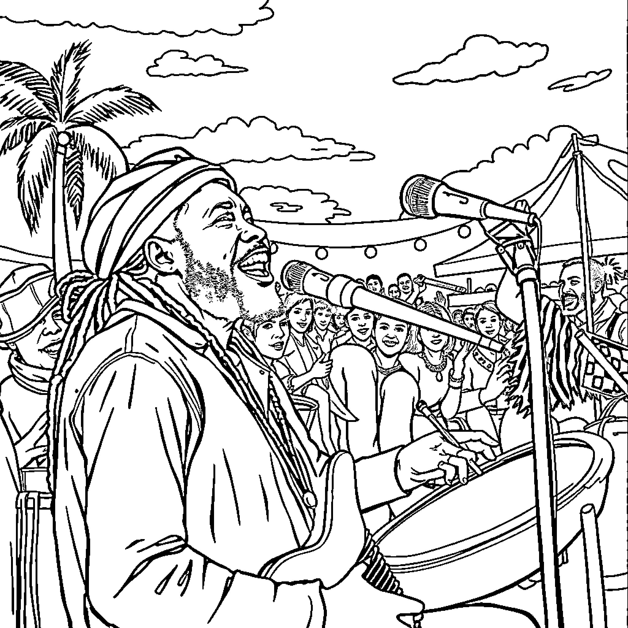 Leon Performing at a Lively Outdoor Concert Coloring Page (free black-and-white line drawing printable PDF for all, from beginners to advanced learners, including children, teens, adults, and seniors)