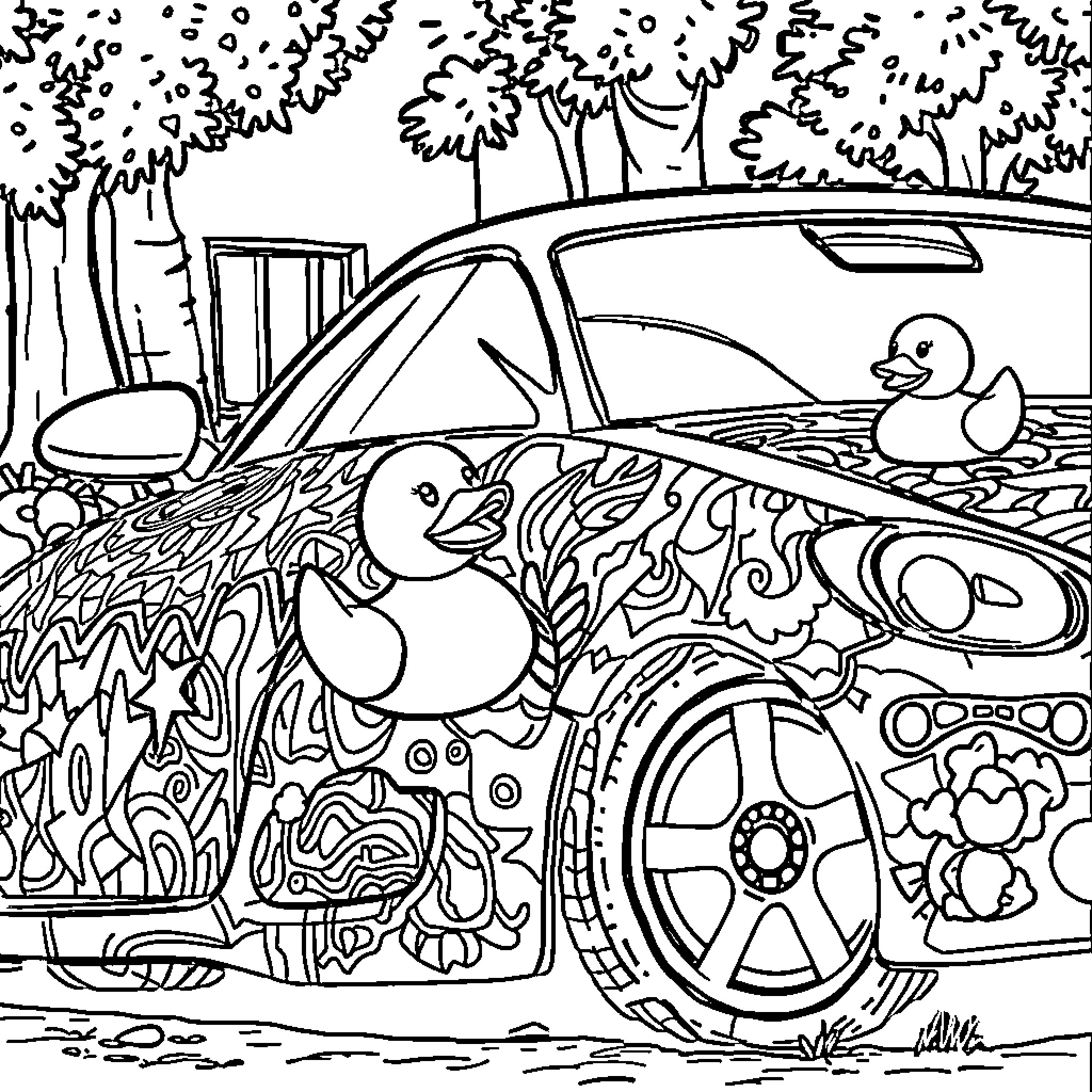 Car surrounded by playful ducks in nature Coloring Page (free black-and-white line drawing printable PDF for all, from beginners to advanced learners, including children, teens, adults, and seniors)