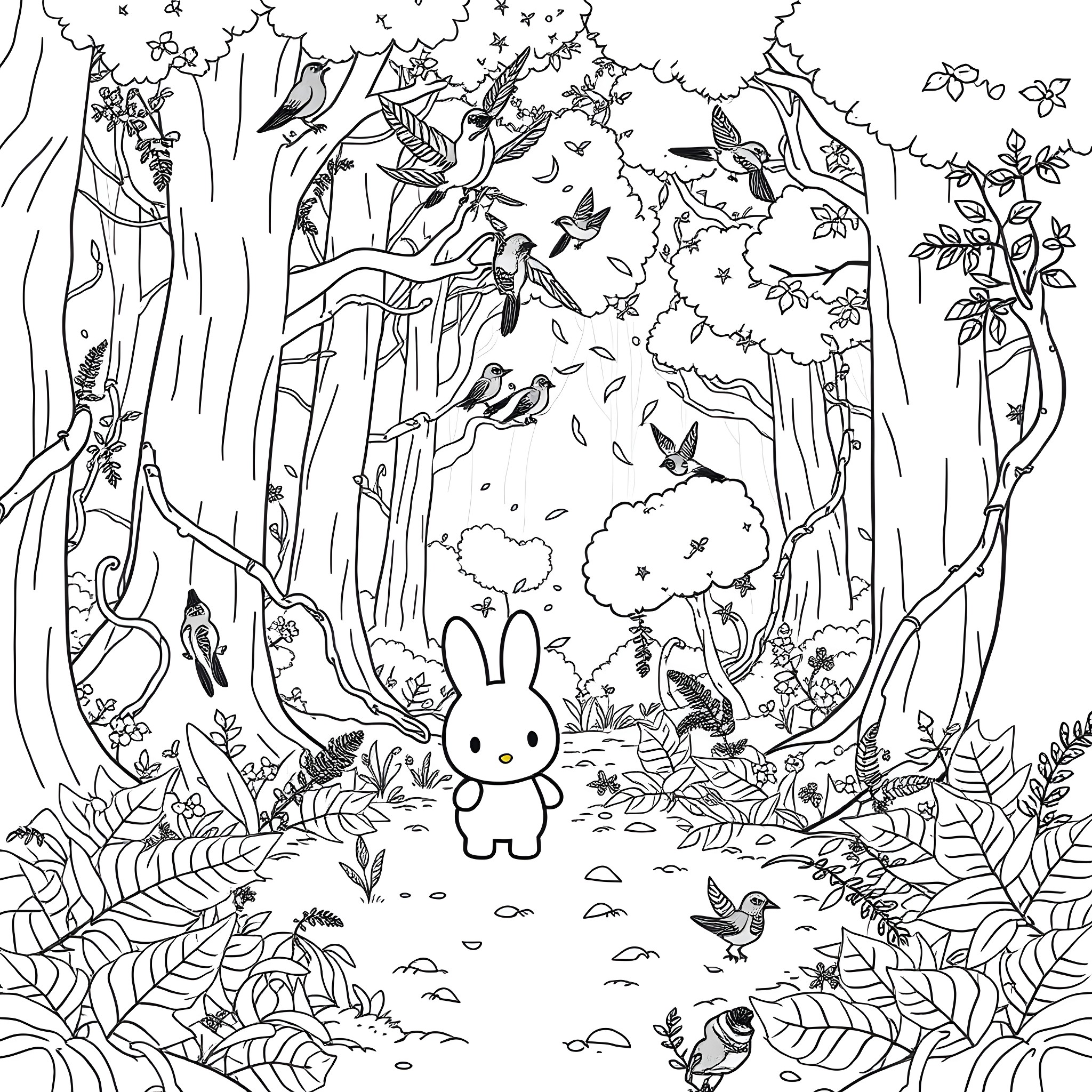 Miffy's Whimsical Forest Adventure Coloring Page (free black-and-white line drawing printable PDF for all, from beginners to advanced learners, including children, teens, adults, and seniors)