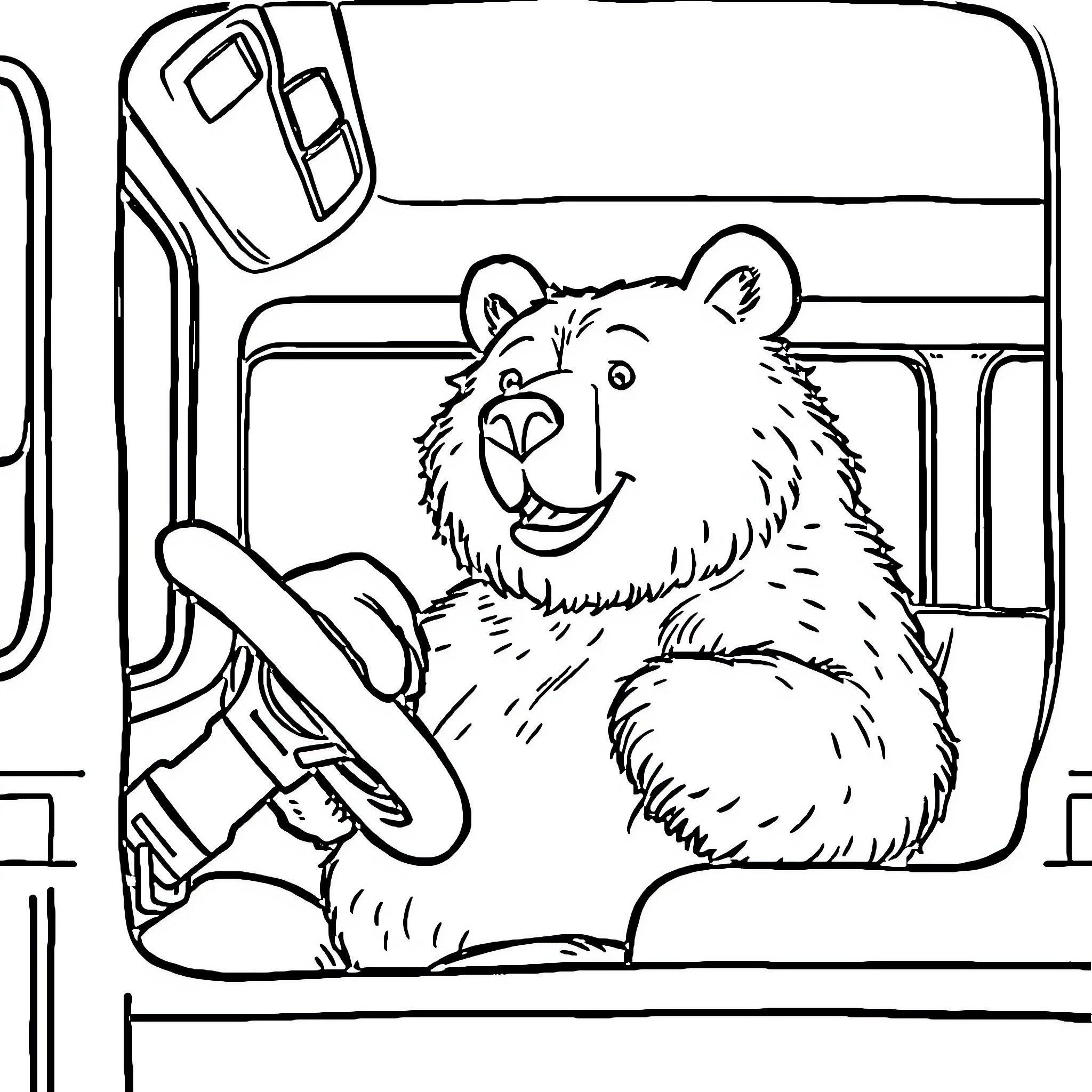 Bear driving a vehicle happily Coloring Page (free black-and-white line drawing printable PDF for all, from beginners to advanced learners, including children, teens, adults, and seniors)
