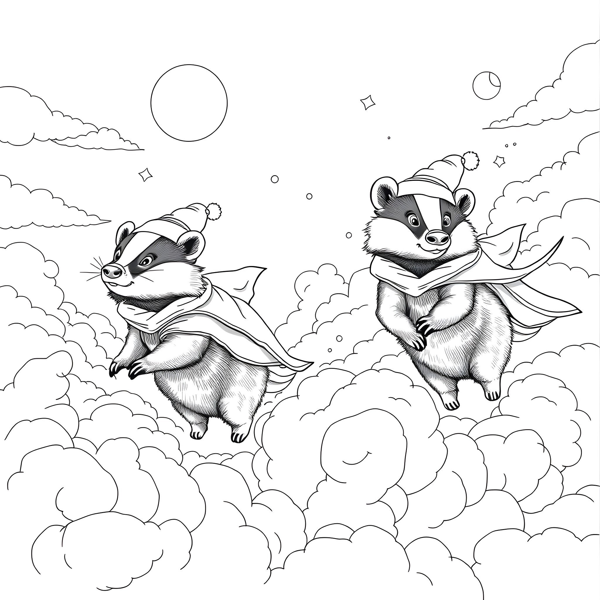 Badger superheroes soaring through the sky Coloring Page (free black-and-white line drawing printable PDF for all, from beginners to advanced learners, including children, teens, adults, and seniors)