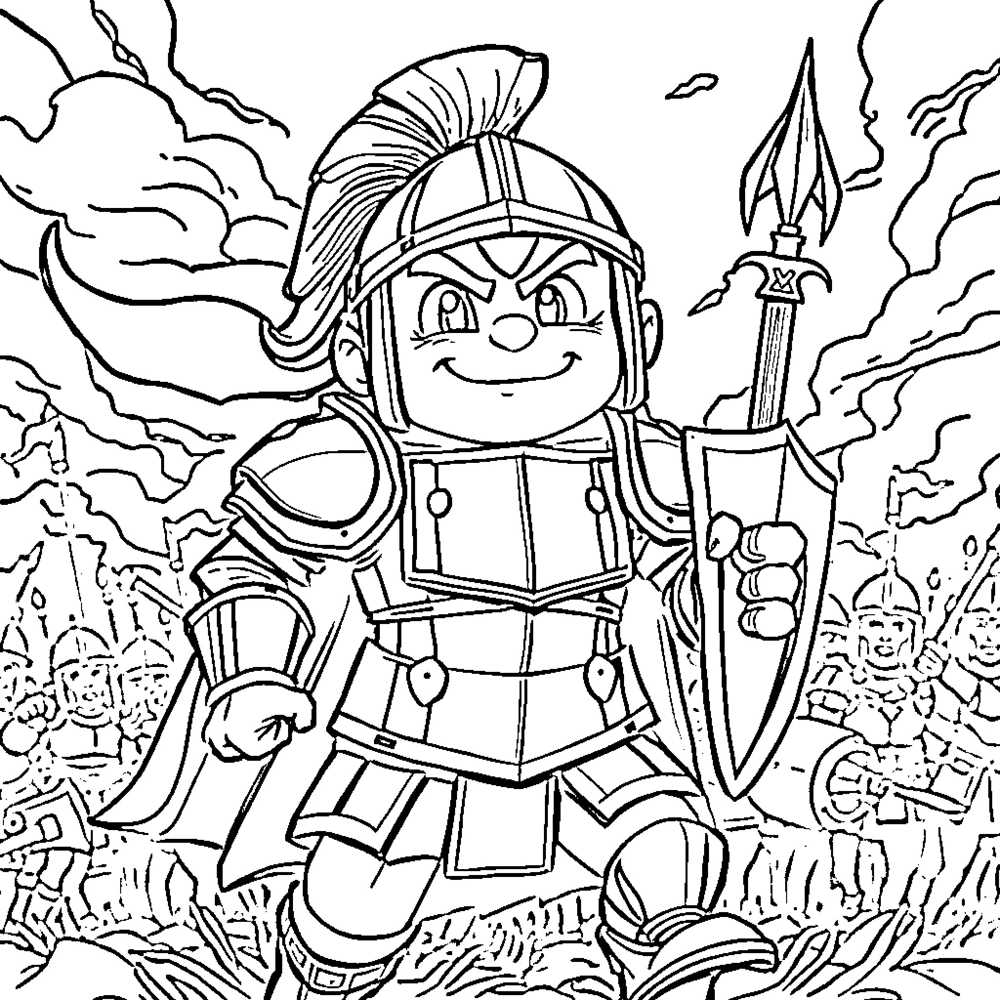 Tooth Warrior in Battle Coloring Page (free black-and-white line drawing printable PDF for all, from beginners to advanced learners, including children, teens, adults, and seniors)