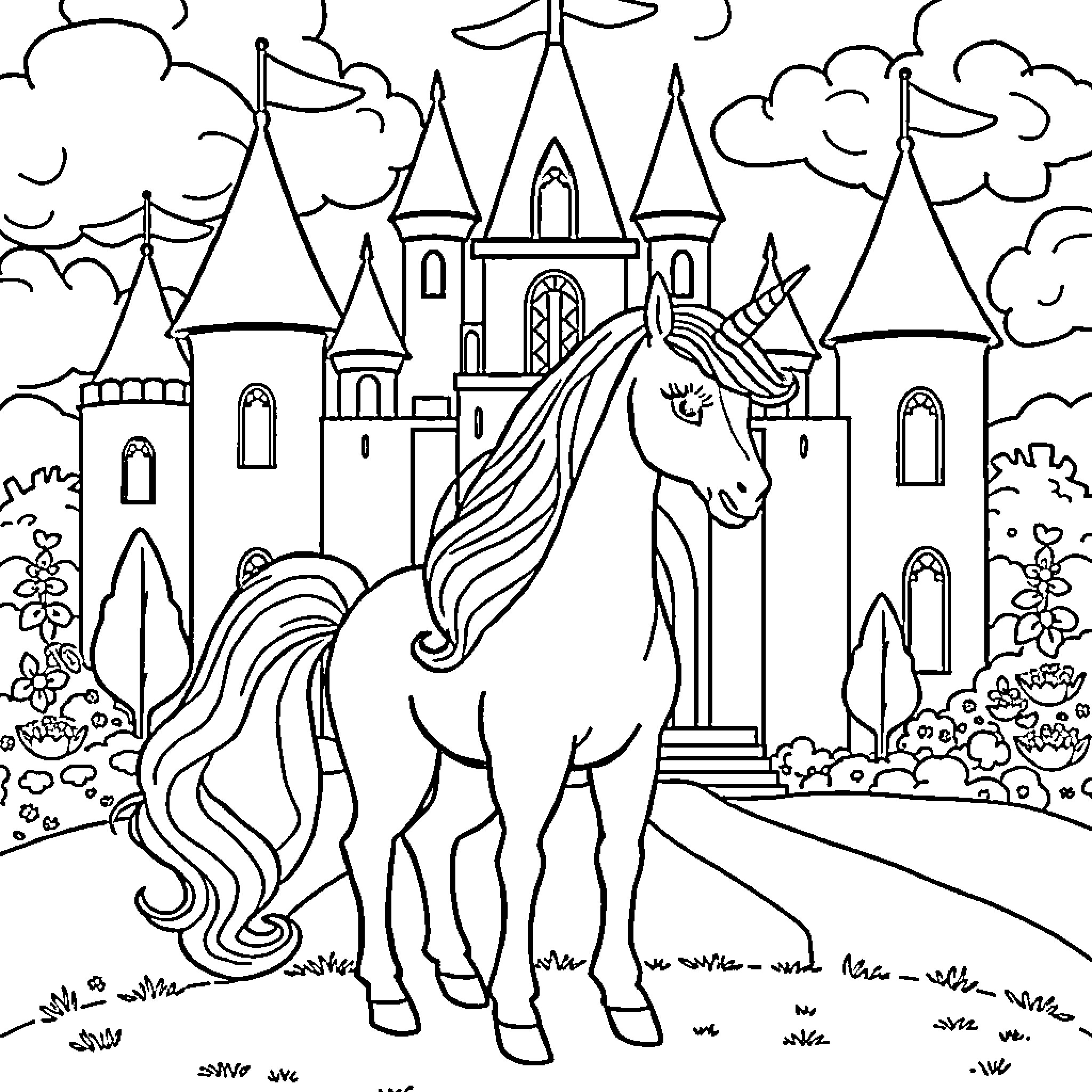 Unicorn standing before magical castle Coloring Page (free black-and-white line drawing printable PDF for all, from beginners to advanced learners, including children, teens, adults, and seniors)