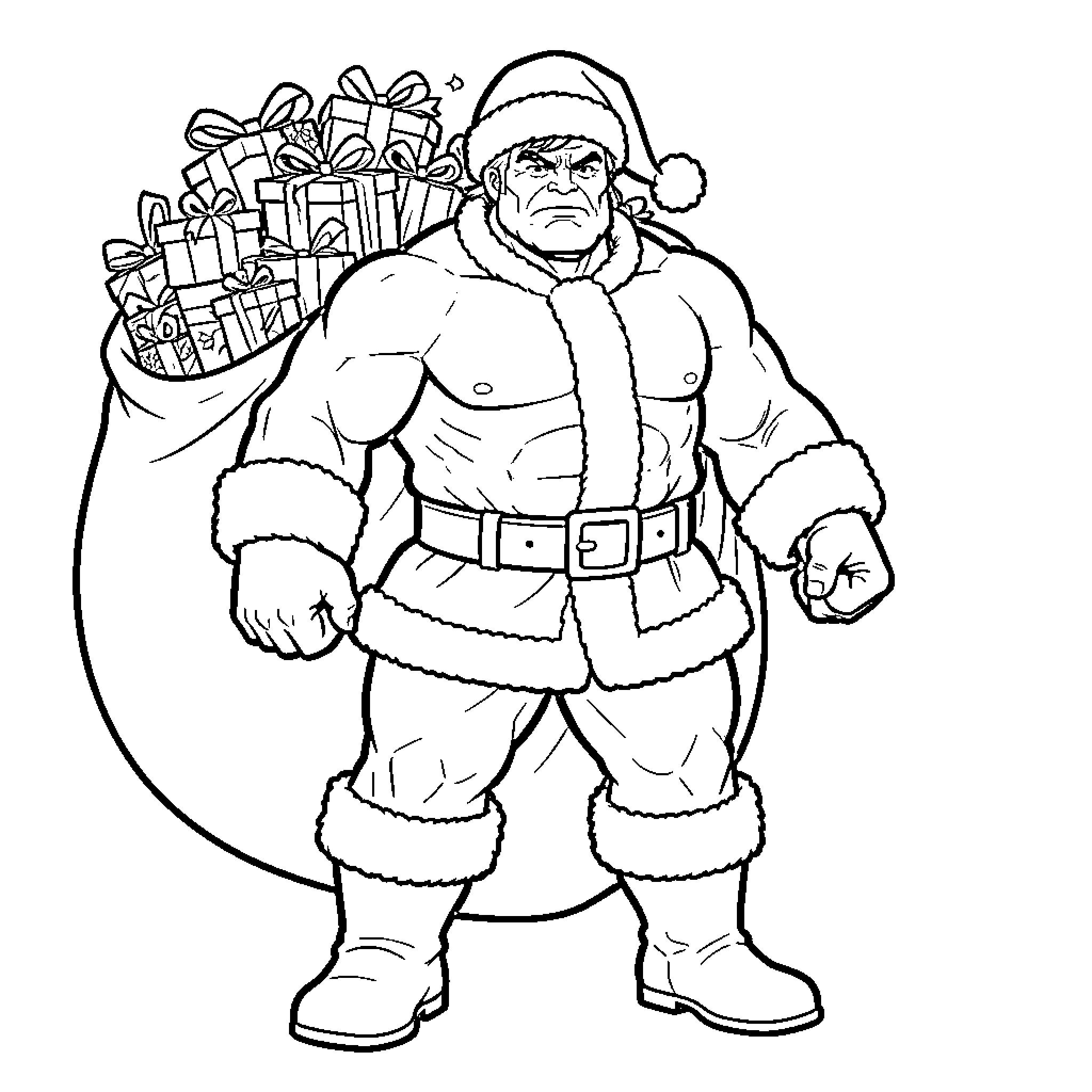 Hulk wearing Santa Claus outfit carrying a sack of gifts Coloring Page (free black-and-white line drawing printable PDF for all, from beginners to advanced learners, including children, teens, adults, and seniors)