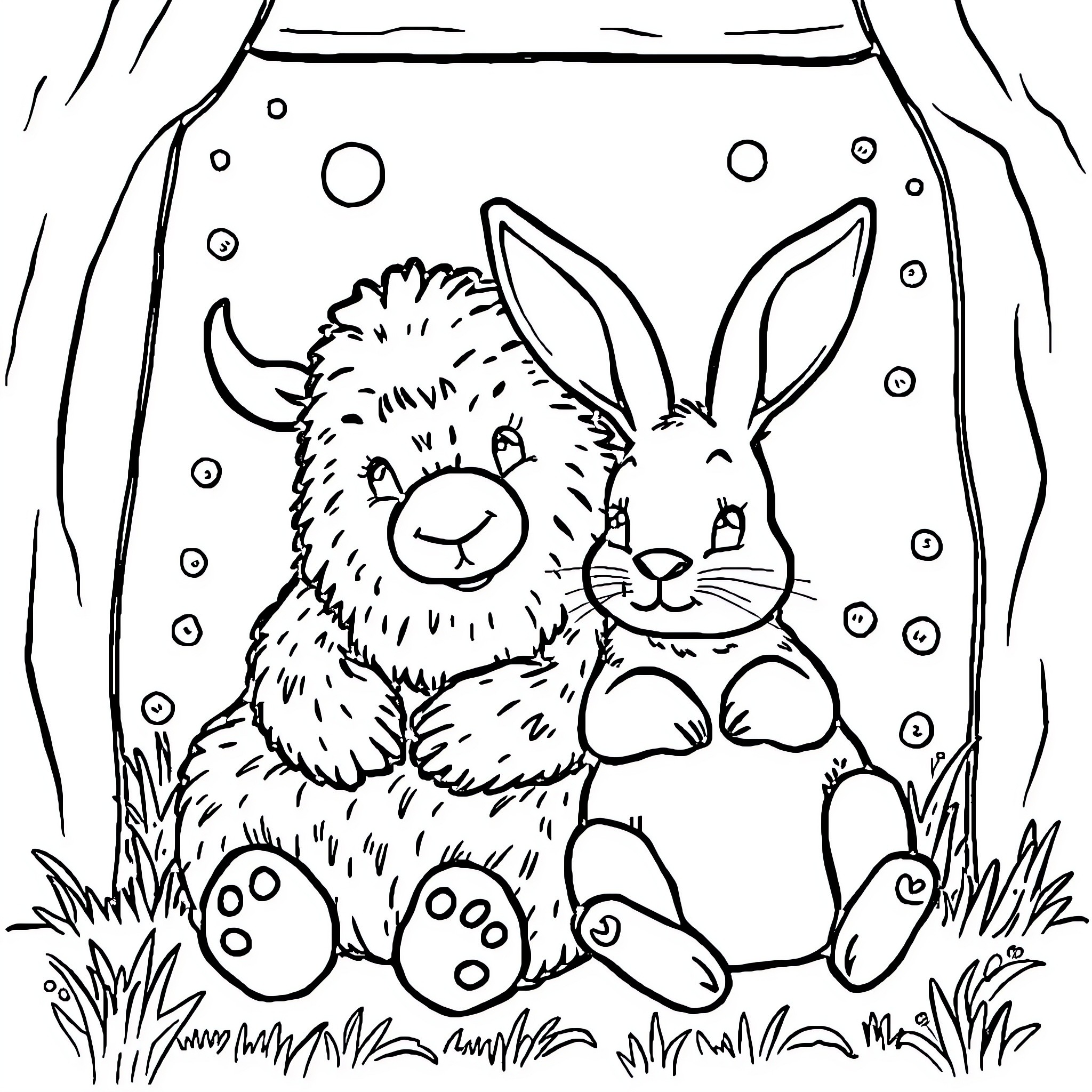 Teddy Bear Bunnies Enjoying the Outdoors Coloring Page (free black-and-white line drawing printable PDF for all, from beginners to advanced learners, including children, teens, adults, and seniors)