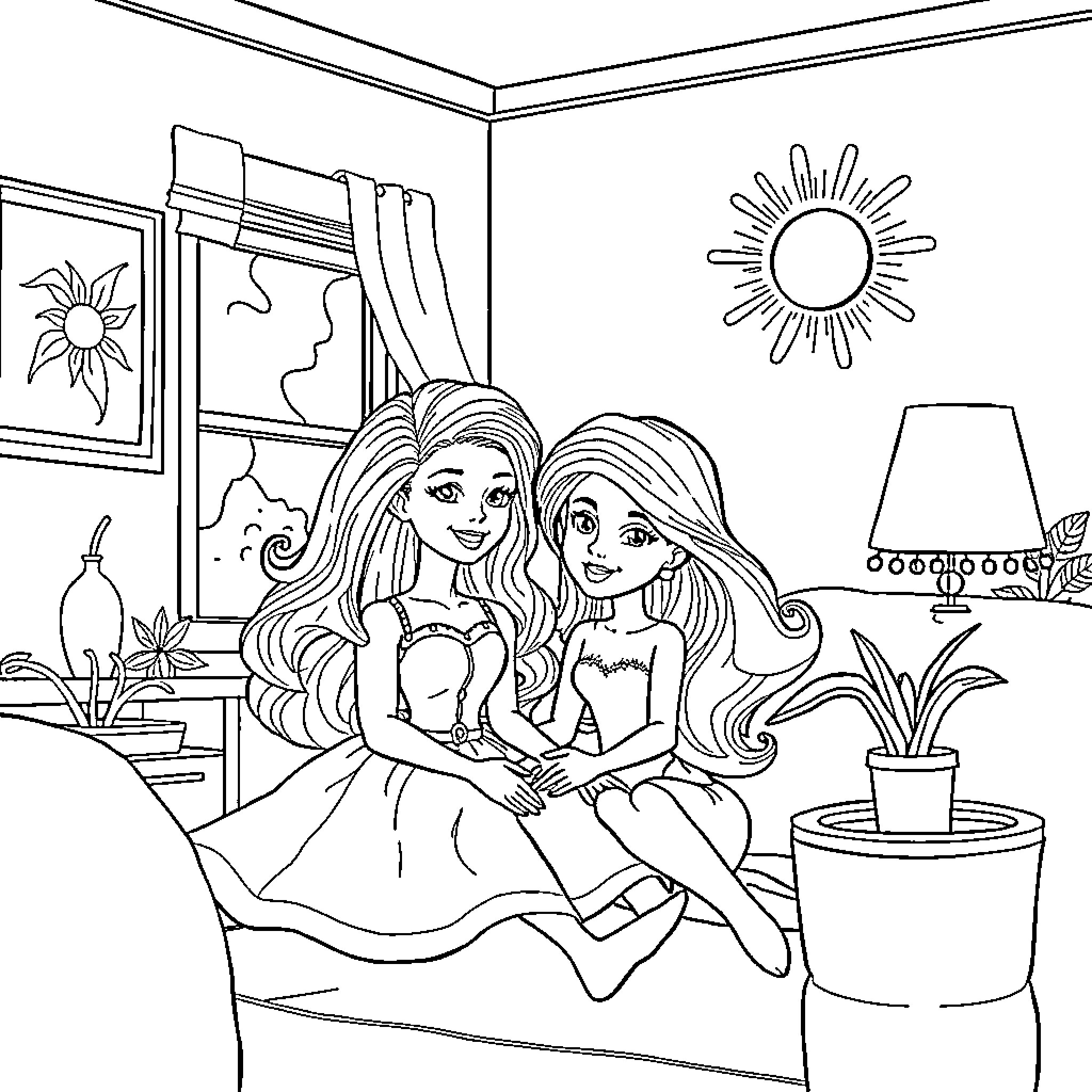 Bluey sisters enjoying a cozy day indoors Coloring Page (free black-and-white line drawing printable PDF for all, from beginners to advanced learners, including children, teens, adults, and seniors)
