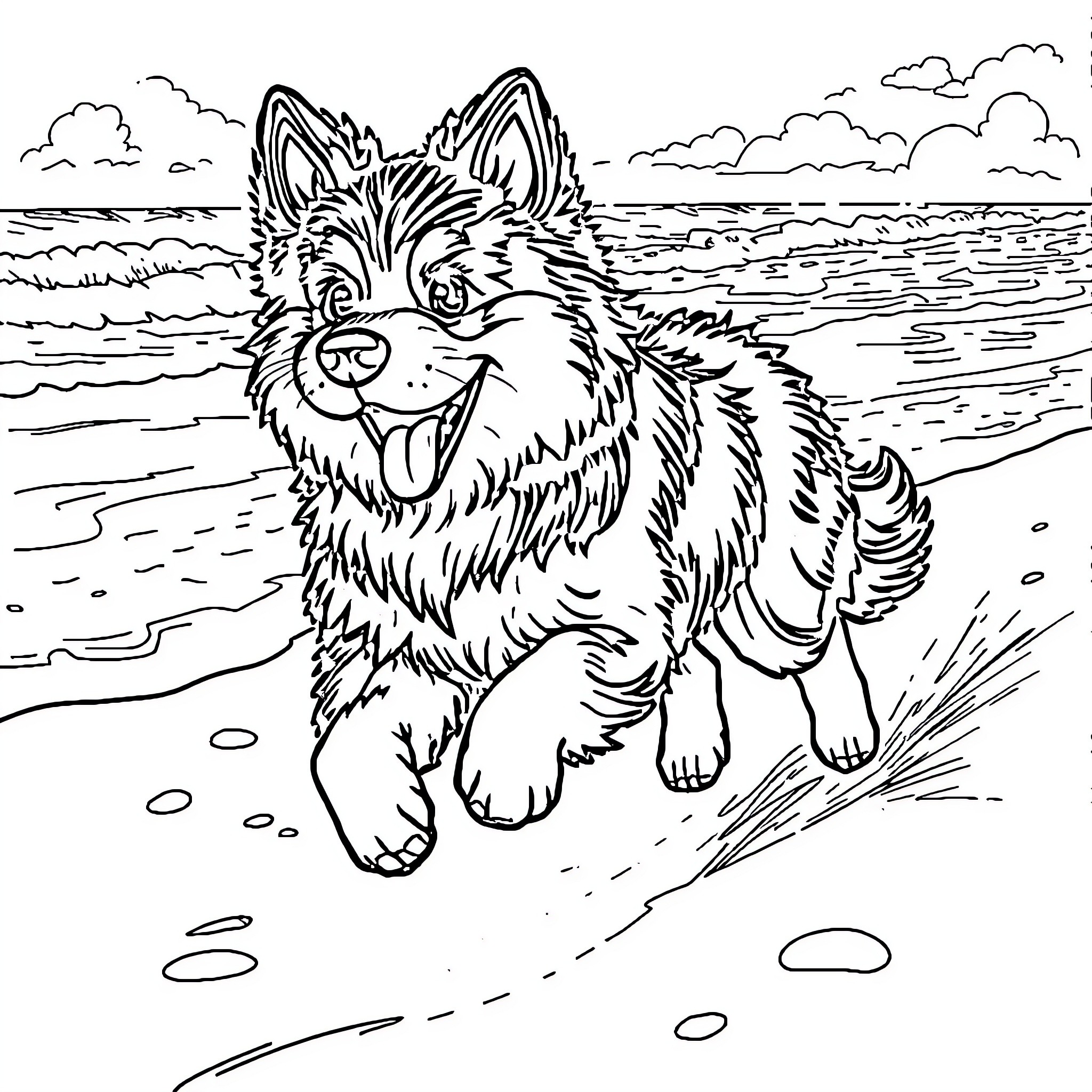 Dog playing happily on the beach Coloring Page (free black-and-white line drawing printable PDF for all, from beginners to advanced learners, including children, teens, adults, and seniors)