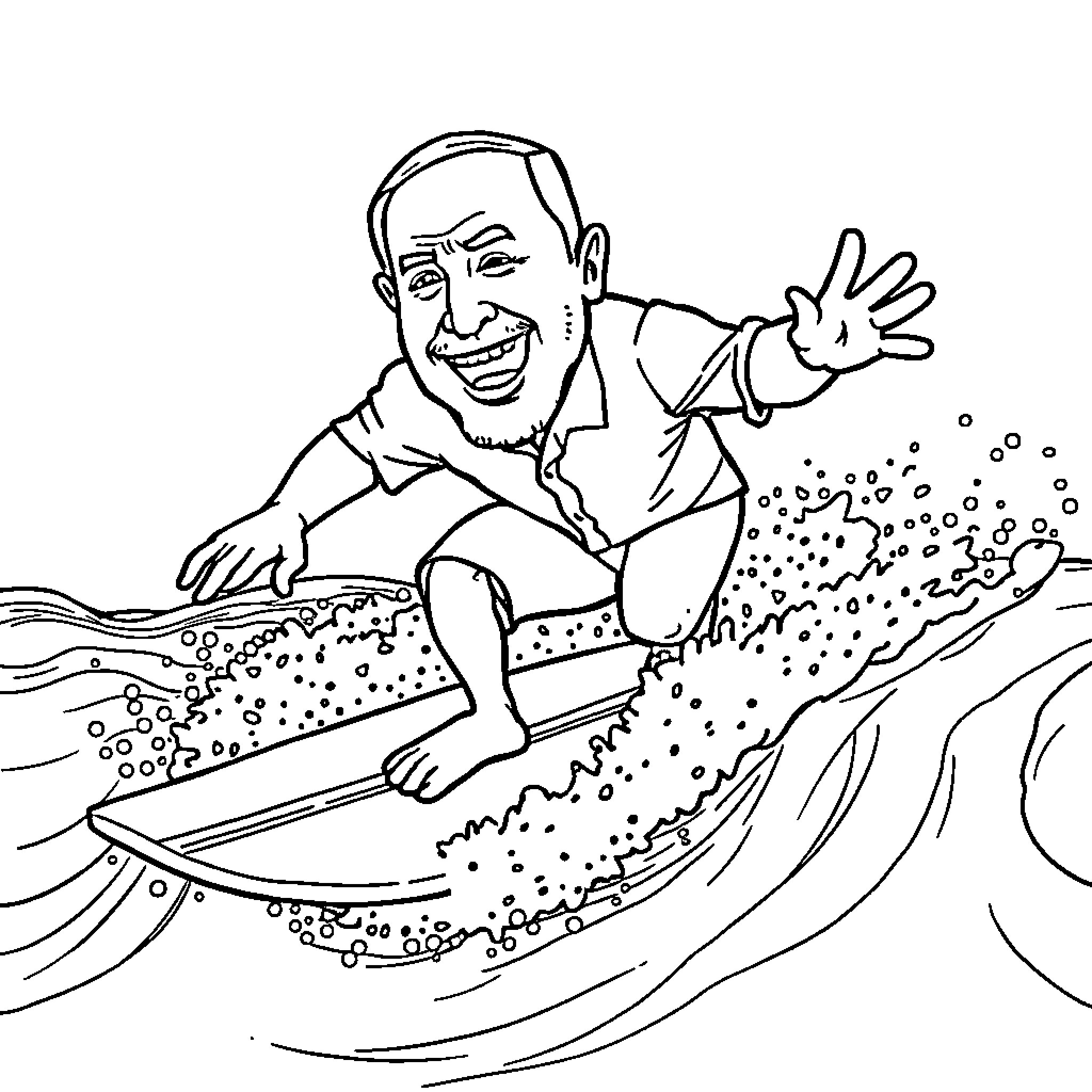 Binyamin Netanyahu surfing amidst waves Coloring Page (free black-and-white line drawing printable PDF for all, from beginners to advanced learners, including children, teens, adults, and seniors)