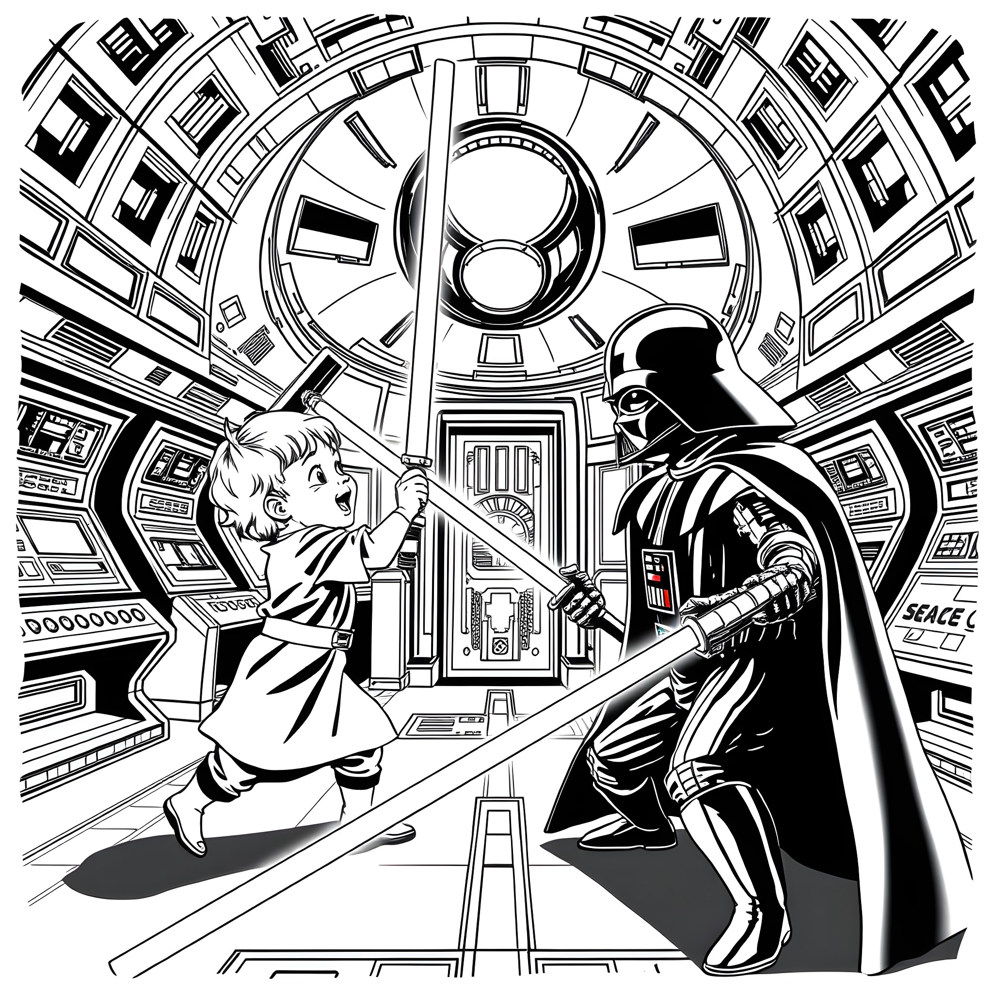Toddler and Darth Vader in futuristic sci-fi setting Coloring Page (free black-and-white line drawing printable PDF for all, from beginners to advanced learners, including children, teens, adults, and seniors)