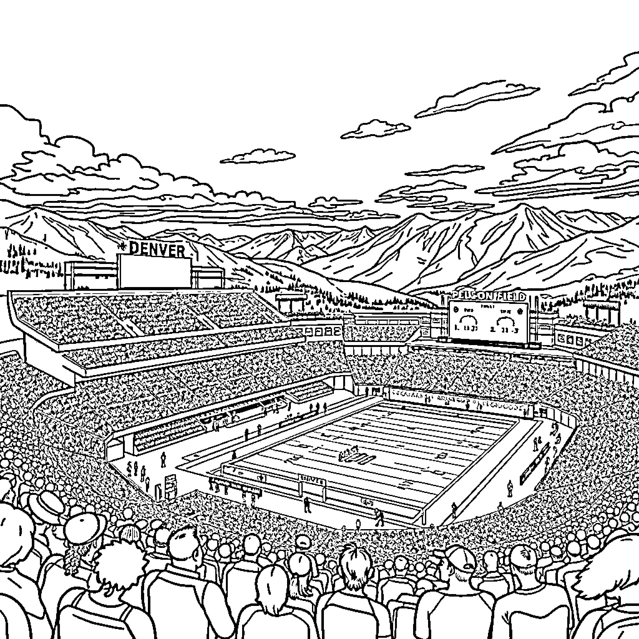Stadium filled with enthusiastic spectators at a sporting event Coloring Page (free black-and-white line drawing printable PDF for all, from beginners to advanced learners, including children, teens, adults, and seniors)