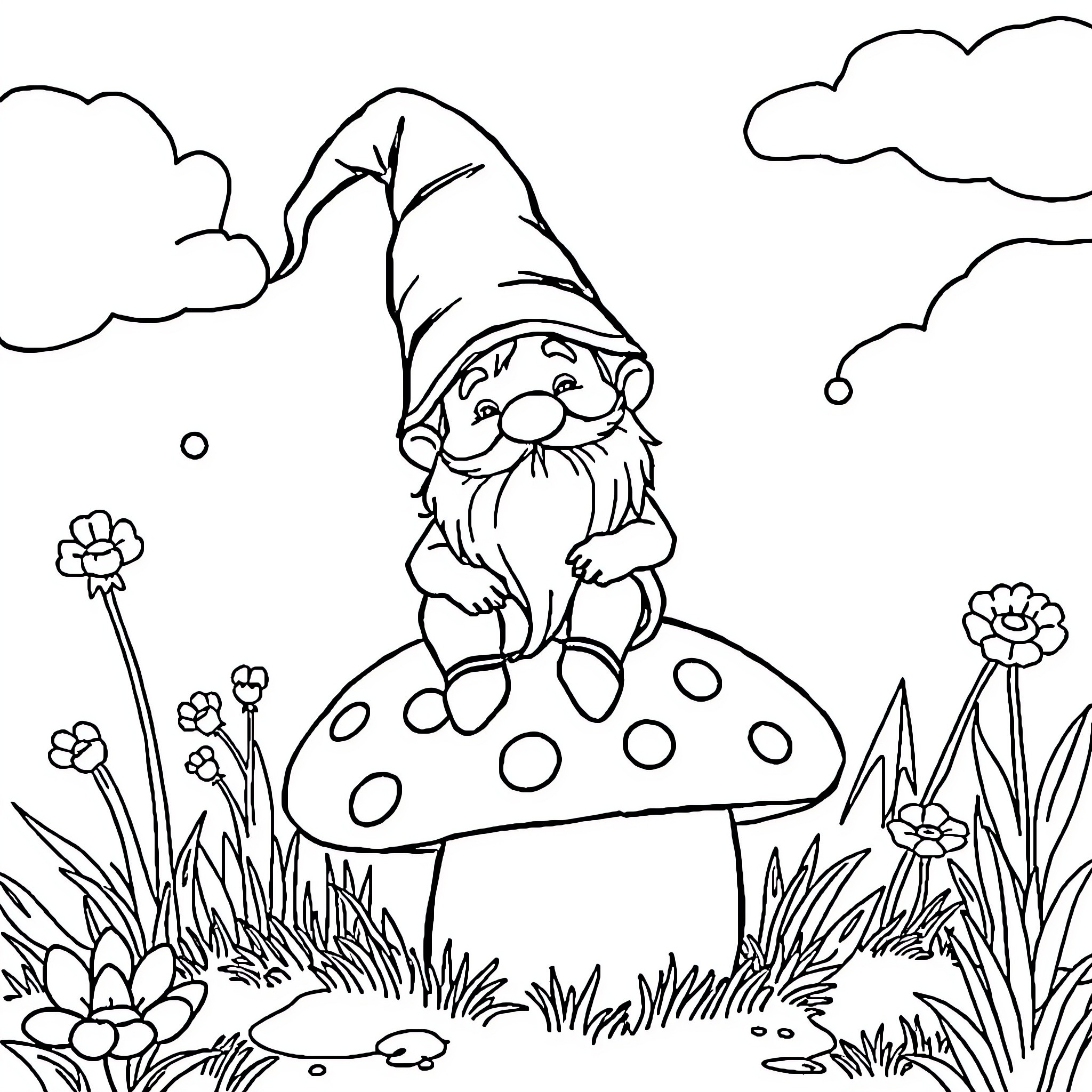 Gnome sitting atop a mushroom in a whimsical garden Coloring Page (free black-and-white line drawing printable PDF for all, from beginners to advanced learners, including children, teens, adults, and seniors)