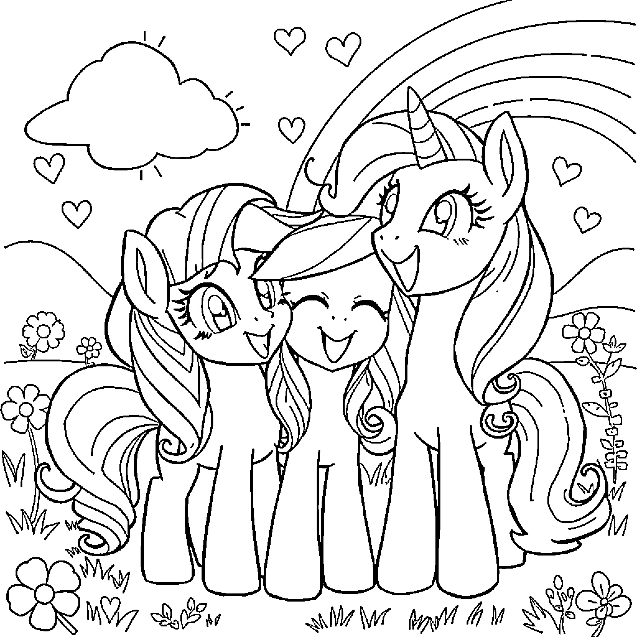 Pony friends playing in a whimsical field Coloring Page (free black-and-white line drawing printable PDF for all, from beginners to advanced learners, including children, teens, adults, and seniors)