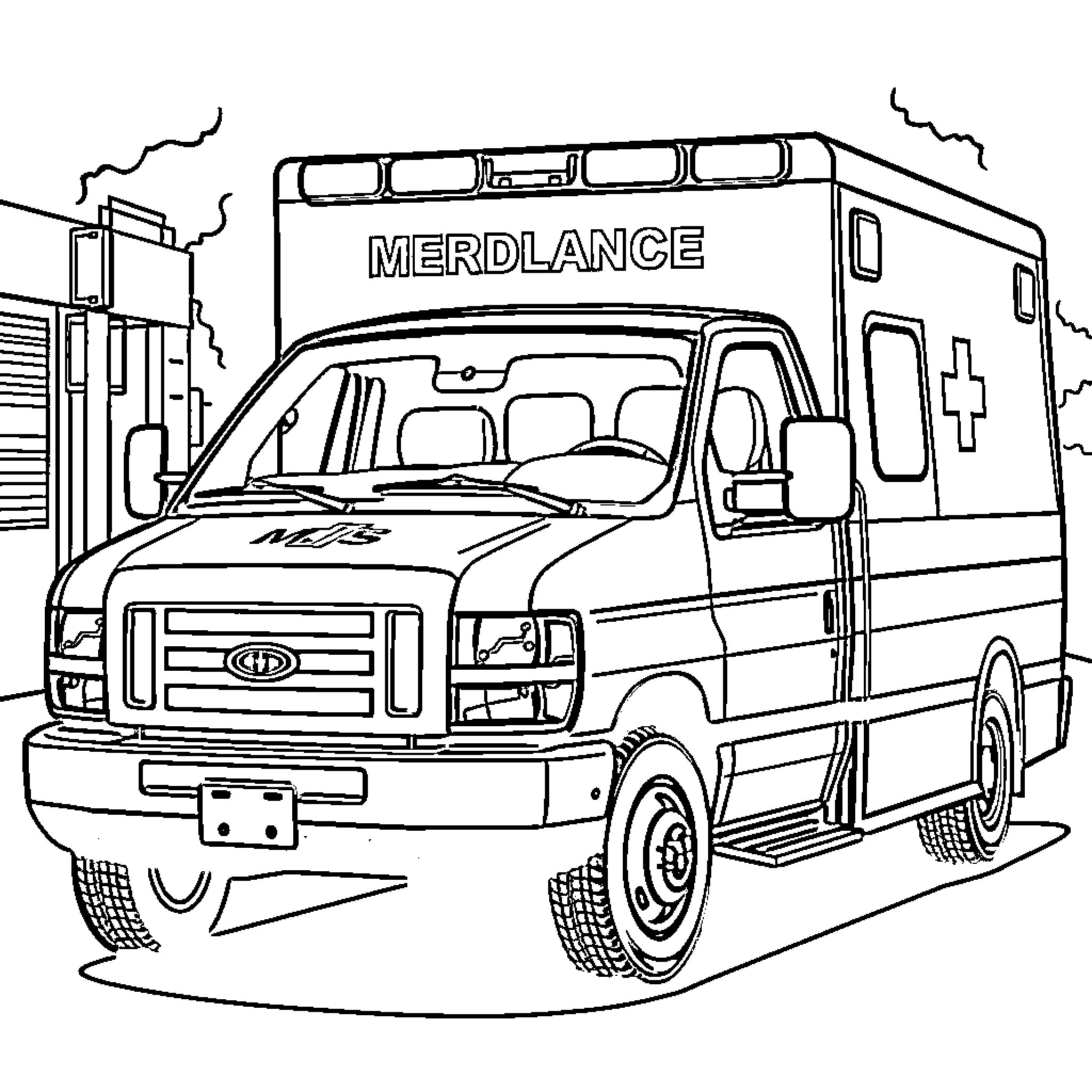 EMS Emergency Vehicle Responding to Call Coloring Page (free black-and-white line drawing printable PDF for all, from beginners to advanced learners, including children, teens, adults, and seniors)