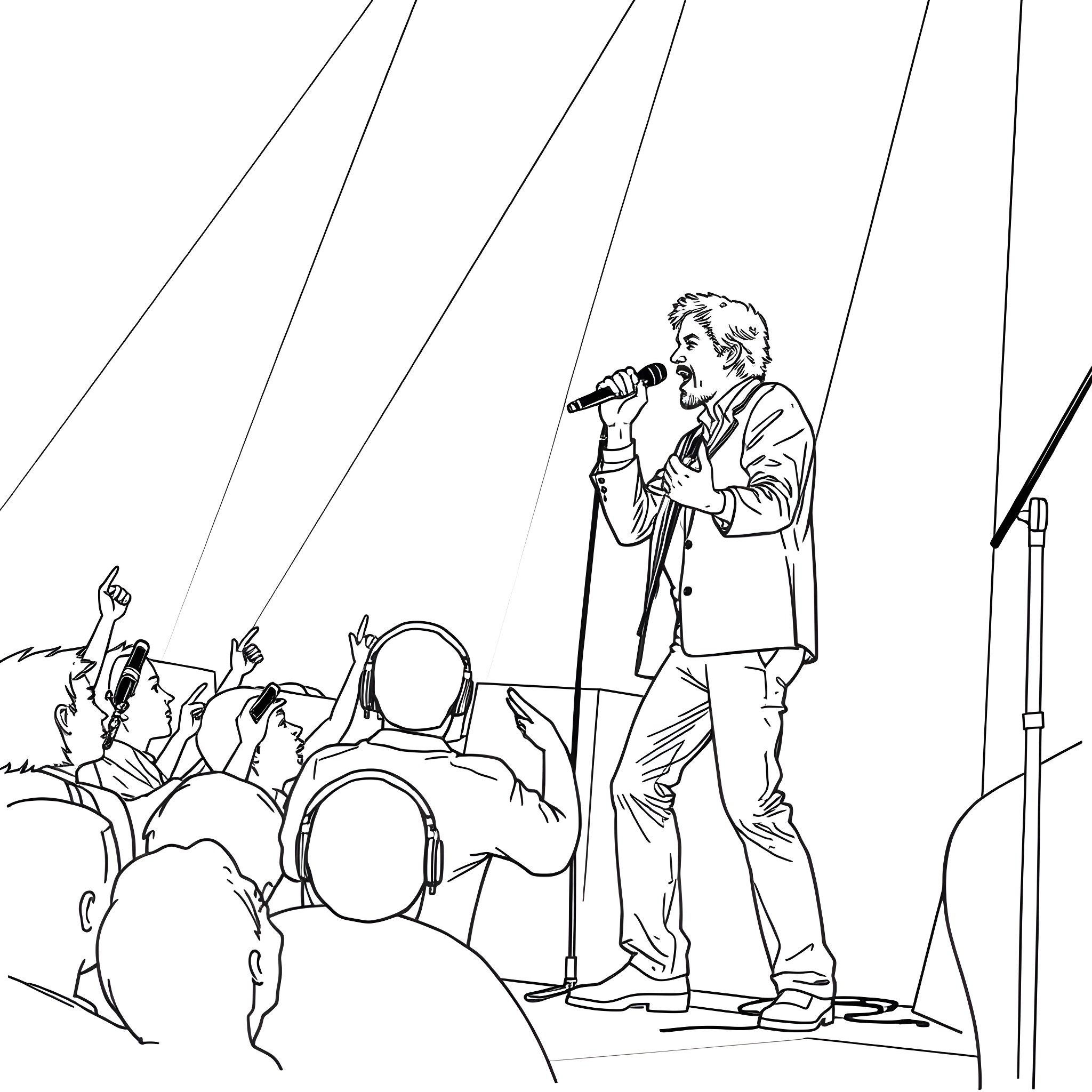 Peter Gabriel performing on stage with audience Coloring Page (free black-and-white line drawing printable PDF for all, from beginners to advanced learners, including children, teens, adults, and seniors)