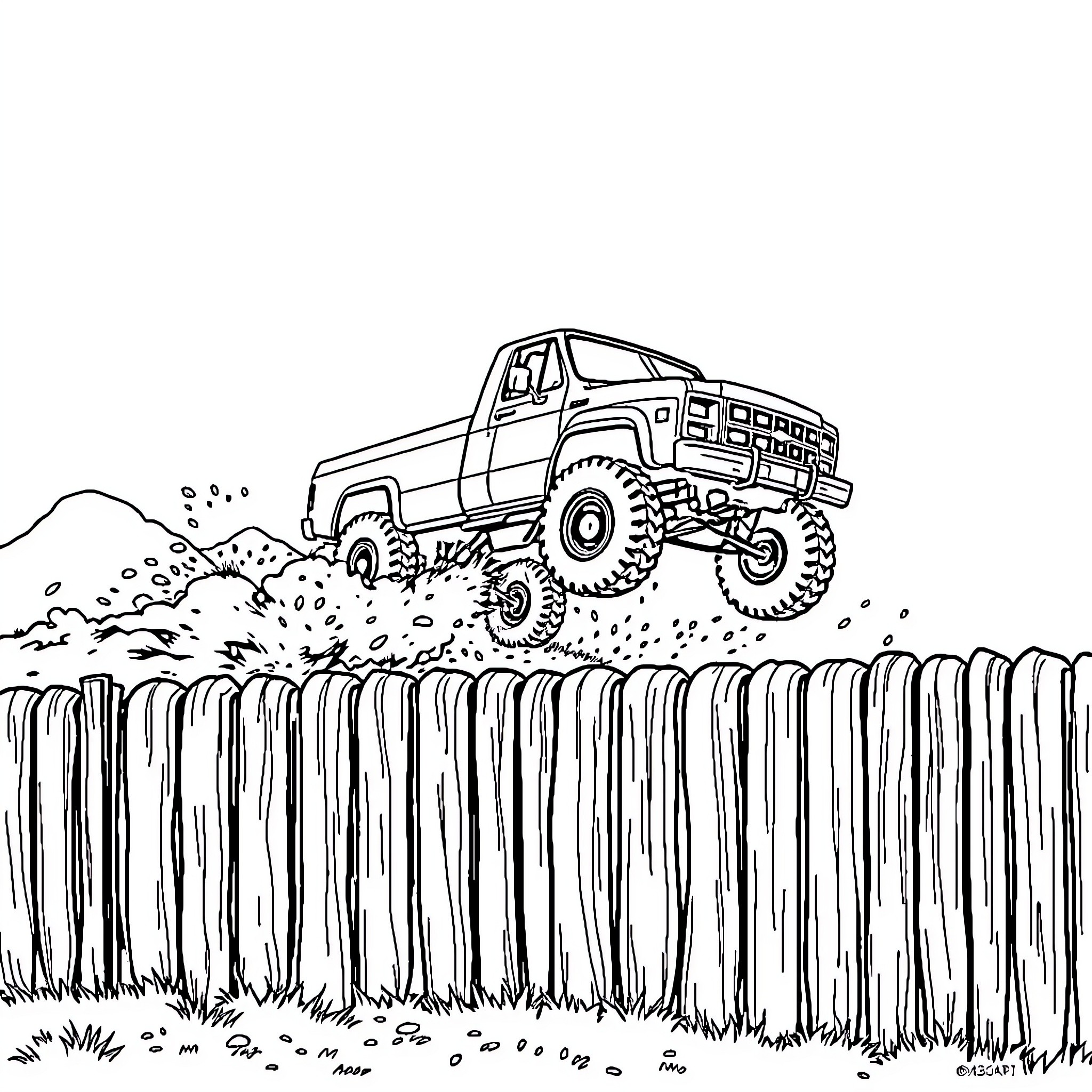 Truck racing over rocky terrain Coloring Page (free black-and-white line drawing printable PDF for all, from beginners to advanced learners, including children, teens, adults, and seniors)