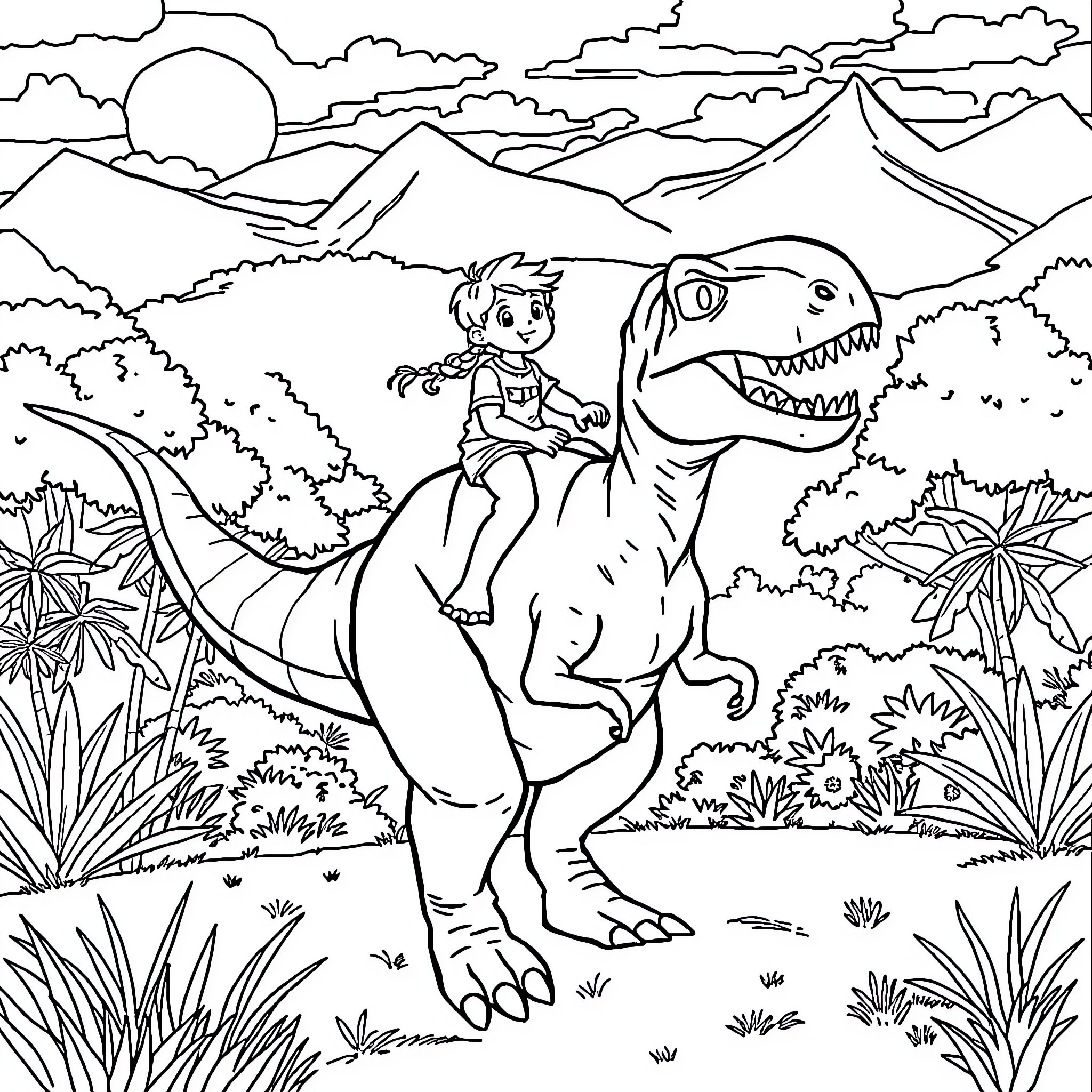 Boy riding on a friendly dinosaur in a tropical landscape Coloring Page (free black-and-white line drawing printable PDF for all, from beginners to advanced learners, including children, teens, adults, and seniors)