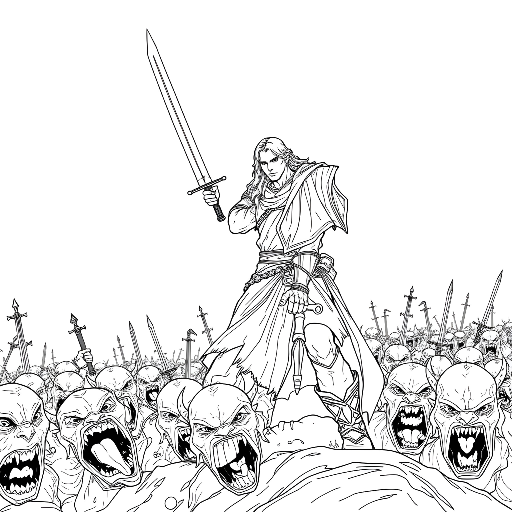 Aragorn leading a charge against a horde of orcs Coloring Page (free black-and-white line drawing printable PDF for all, from beginners to advanced learners, including children, teens, adults, and seniors)