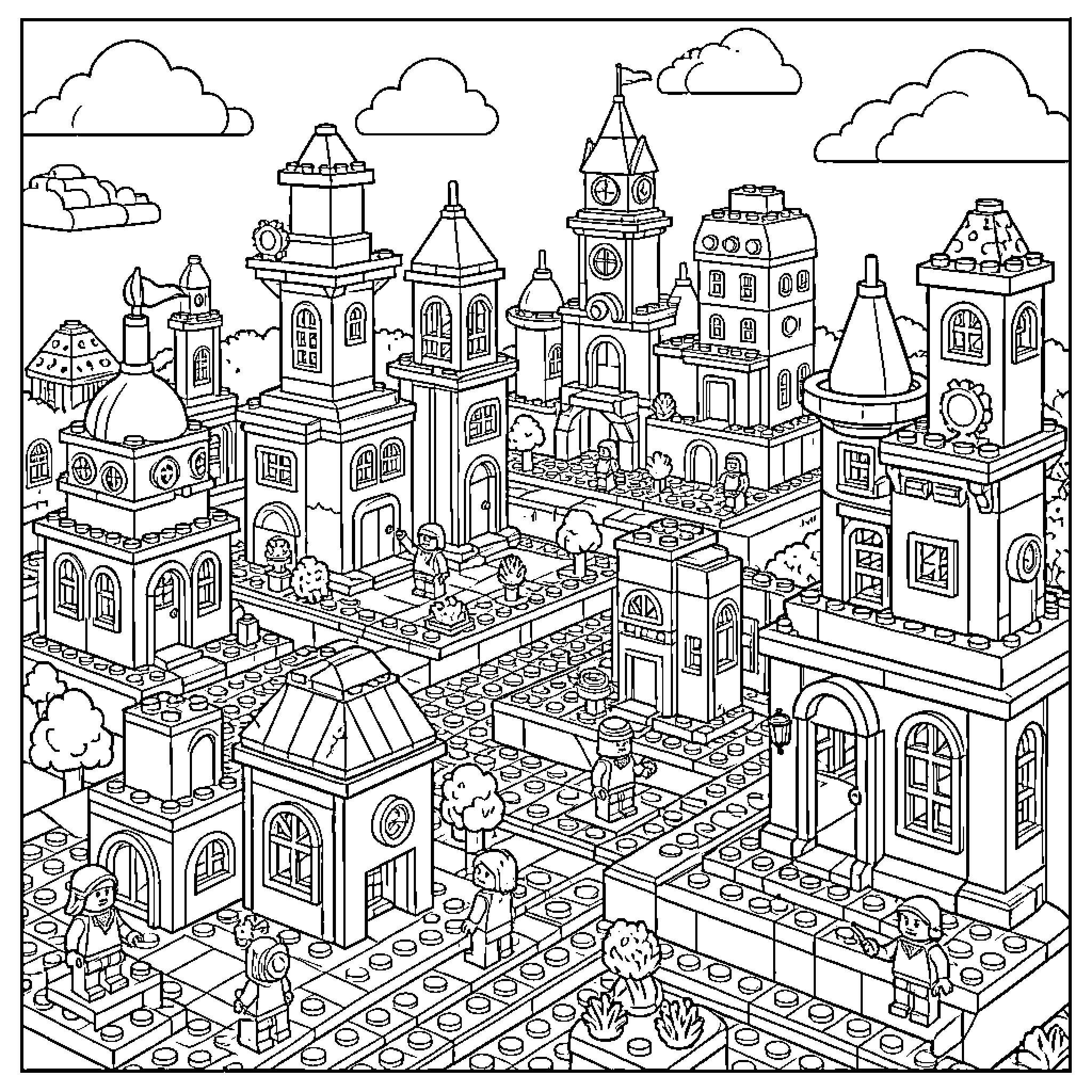 Lego minifigures exploring a grand fantasy castle city Coloring Page (free black-and-white line drawing printable PDF for all, from beginners to advanced learners, including children, teens, adults, and seniors)