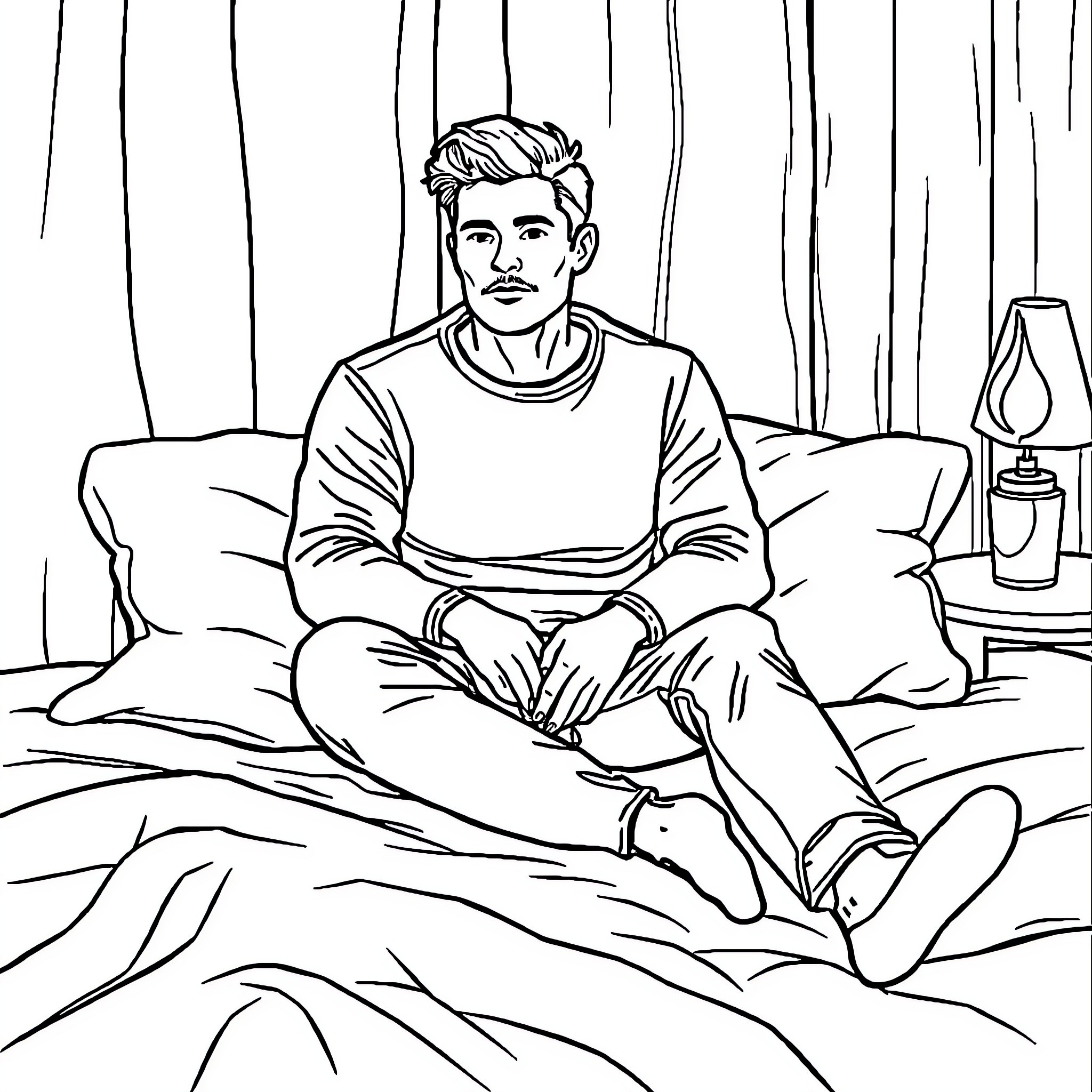 Man relaxing thoughtfully on bed with lamp Coloring Page (free black-and-white line drawing printable PDF for all, from beginners to advanced learners, including children, teens, adults, and seniors)