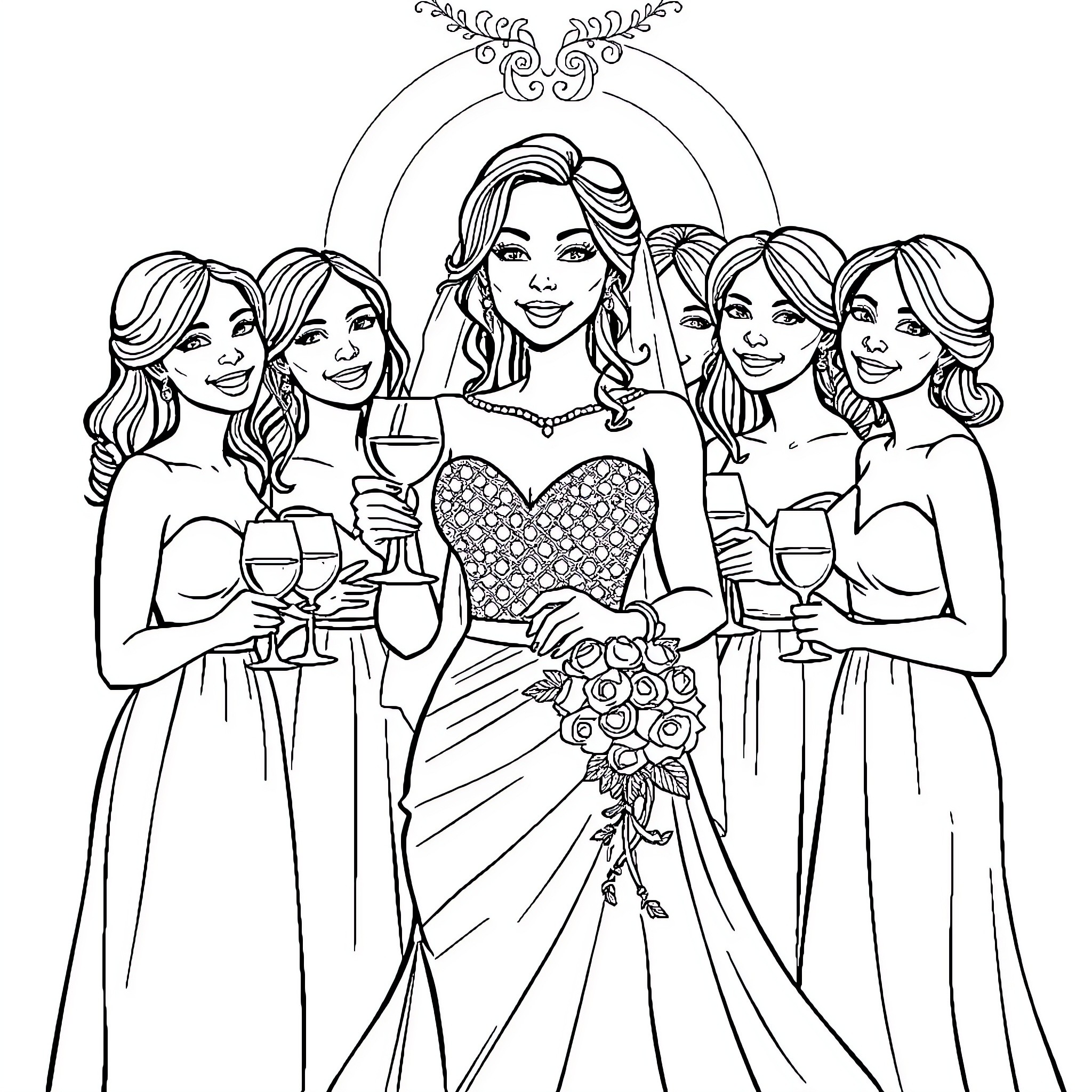 Bride and Bridesmaids Celebrating at Wedding Coloring Page (free black-and-white line drawing printable PDF for all, from beginners to advanced learners, including children, teens, adults, and seniors)
