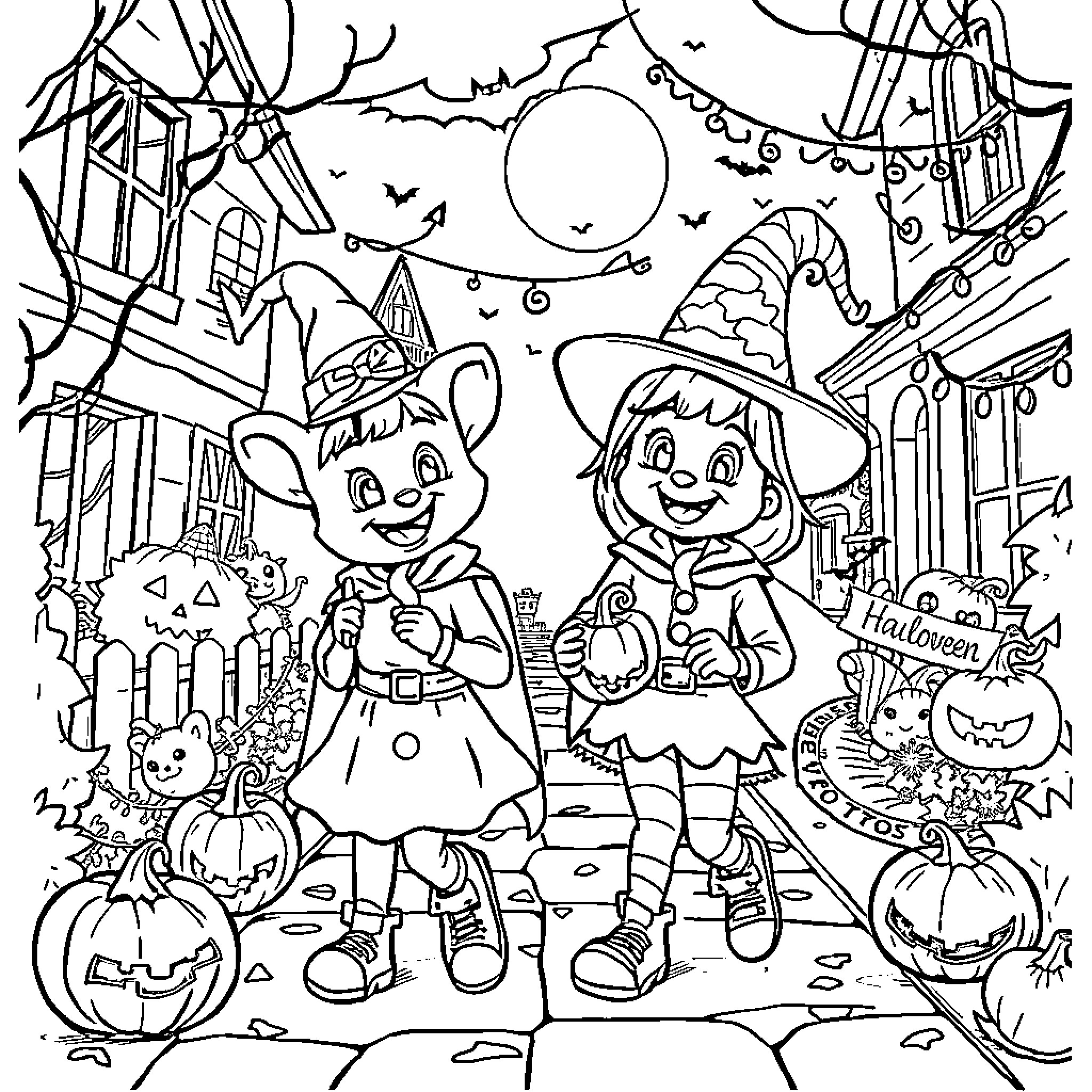 Bluey characters celebrate spooky Halloween festivities Coloring Page (free black-and-white line drawing printable PDF for all, from beginners to advanced learners, including children, teens, adults, and seniors)