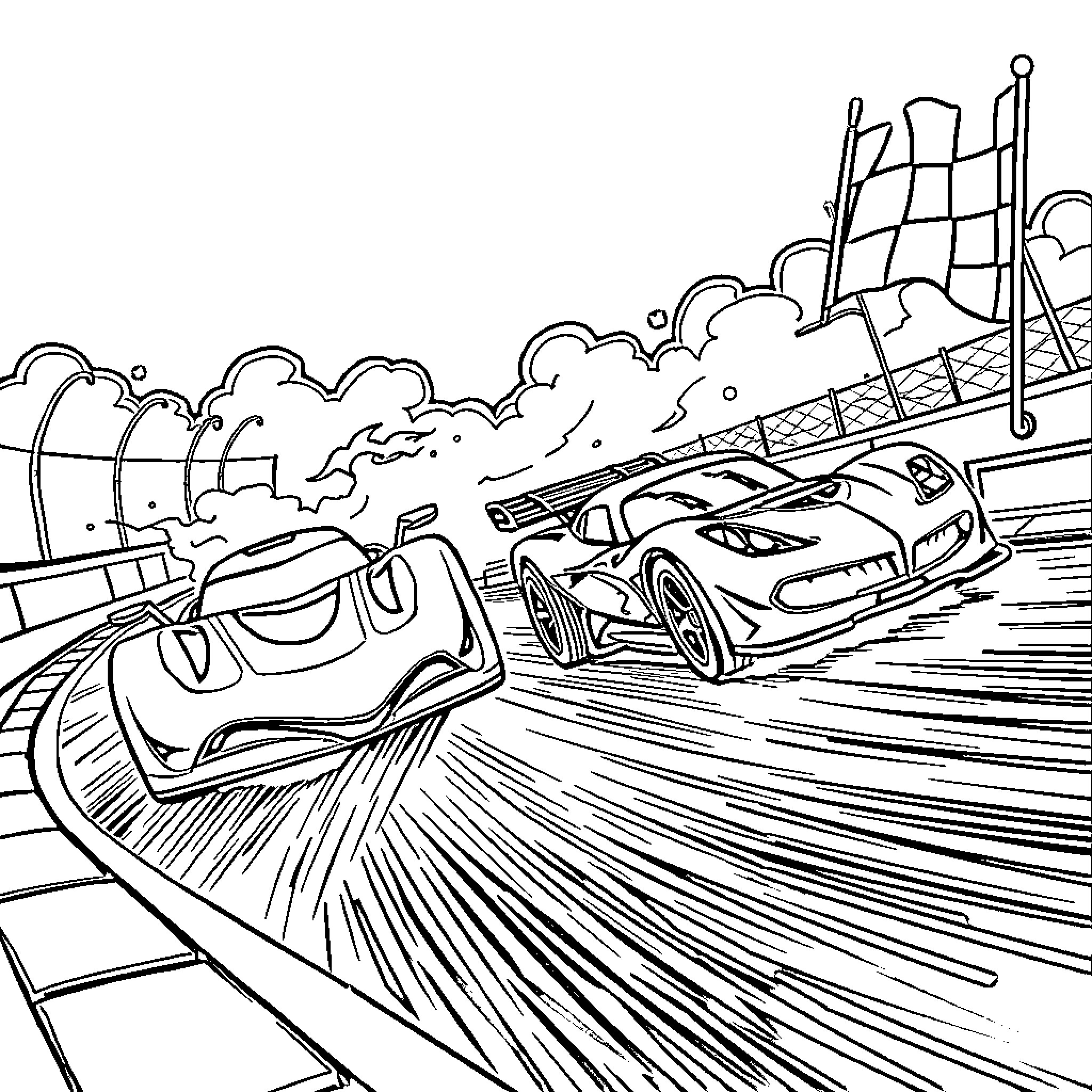 Hotwheels racing along a winding track Coloring Page (free black-and-white line drawing printable PDF for all, from beginners to advanced learners, including children, teens, adults, and seniors)