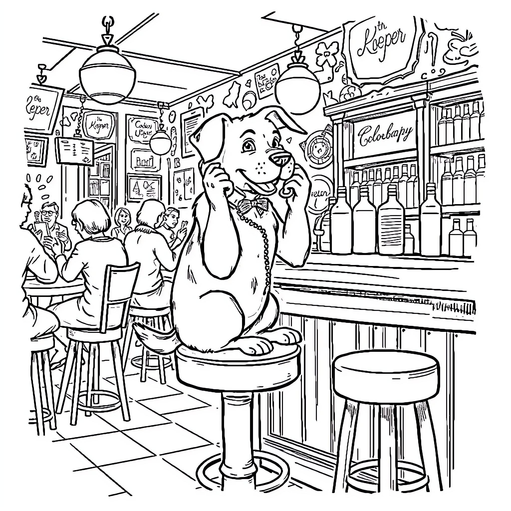 Dog enjoying a drink at the bar with friends Coloring Page (free black-and-white line drawing printable PDF for all, from beginners to advanced learners, including children, teens, adults, and seniors)
