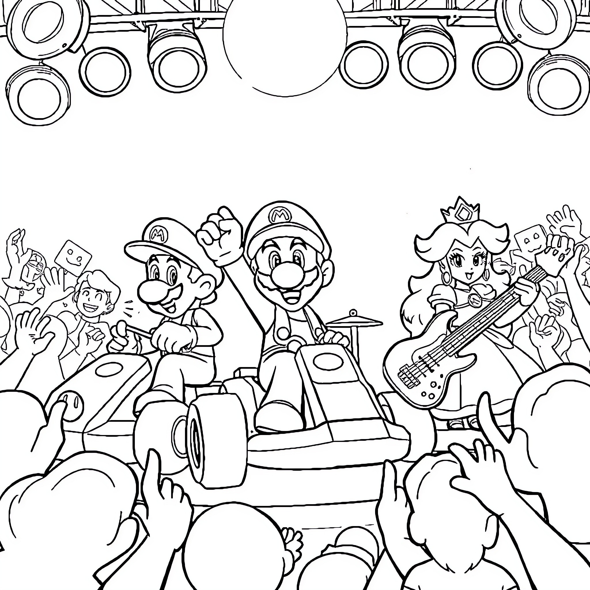 Mario's Lively Performance with Friends Coloring Page (free black-and-white line drawing printable PDF for all, from beginners to advanced learners, including children, teens, adults, and seniors)