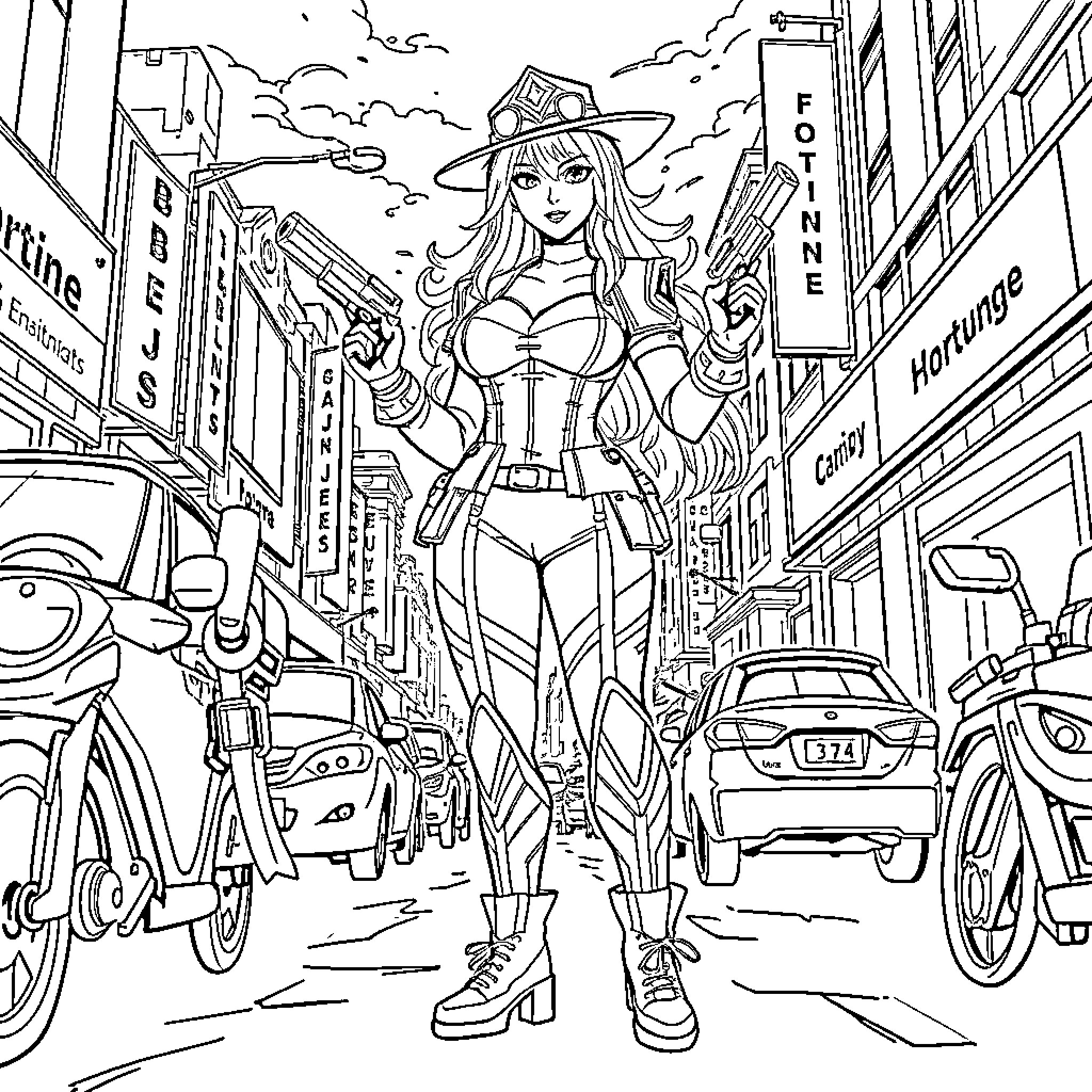 Miss Fortune's Adventurous City Escapade Coloring Page (free black-and-white line drawing printable PDF for all, from beginners to advanced learners, including children, teens, adults, and seniors)