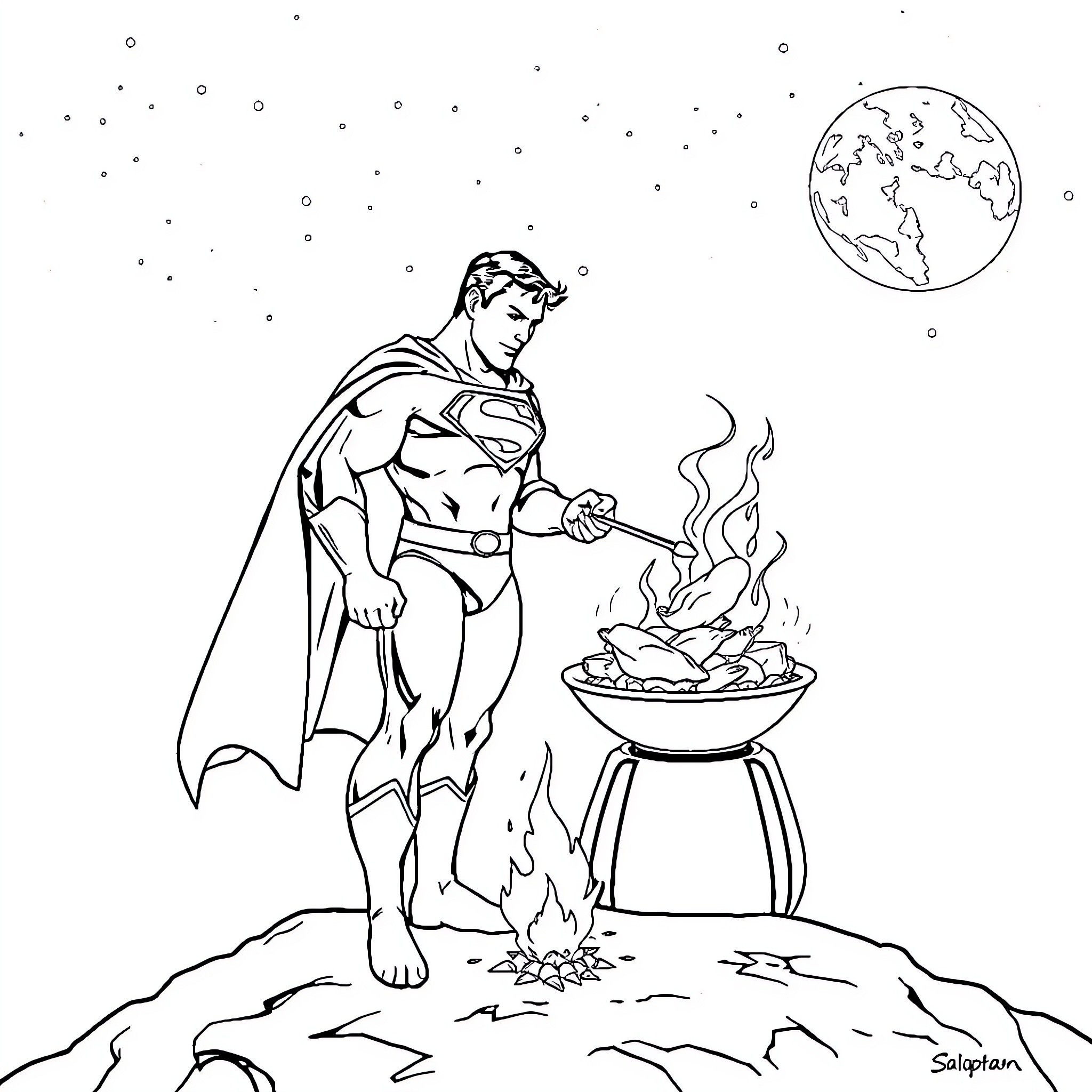 Superman barbecuing under the stars Coloring Page (free black-and-white line drawing printable PDF for all, from beginners to advanced learners, including children, teens, adults, and seniors)