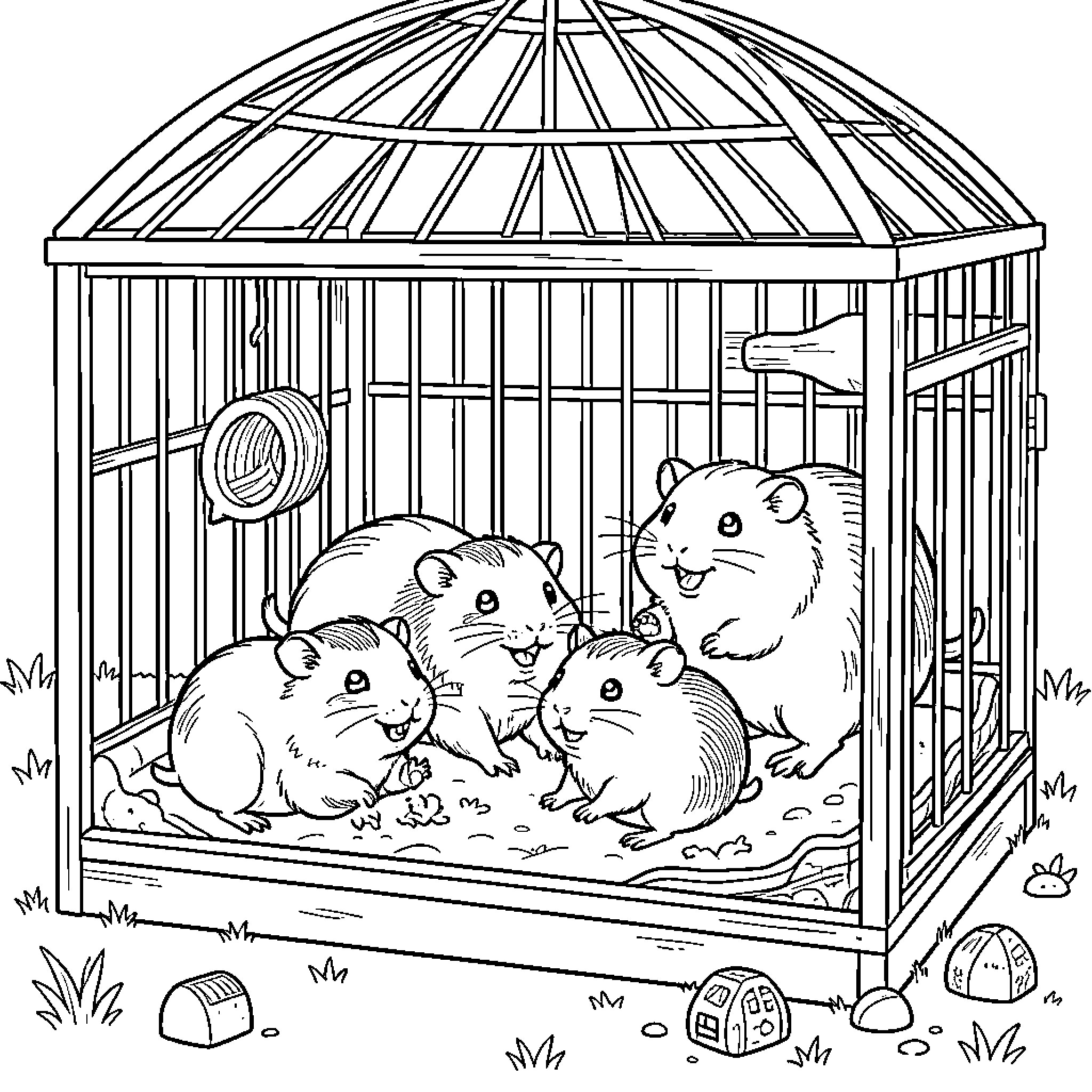 Guinea Pig family playing inside a wooden cage Coloring Page (free black-and-white line drawing printable PDF for all, from beginners to advanced learners, including children, teens, adults, and seniors)