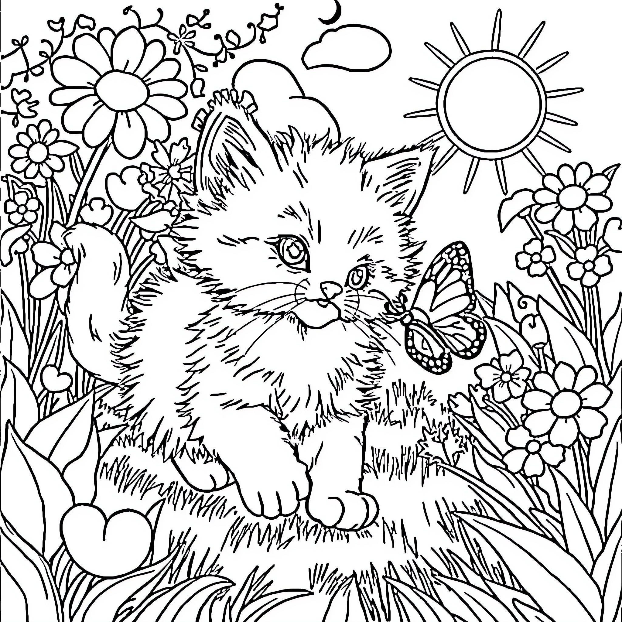 Kitten surrounded by beautiful flowers and nature Coloring Page (free black-and-white line drawing printable PDF for all, from beginners to advanced learners, including children, teens, adults, and seniors)