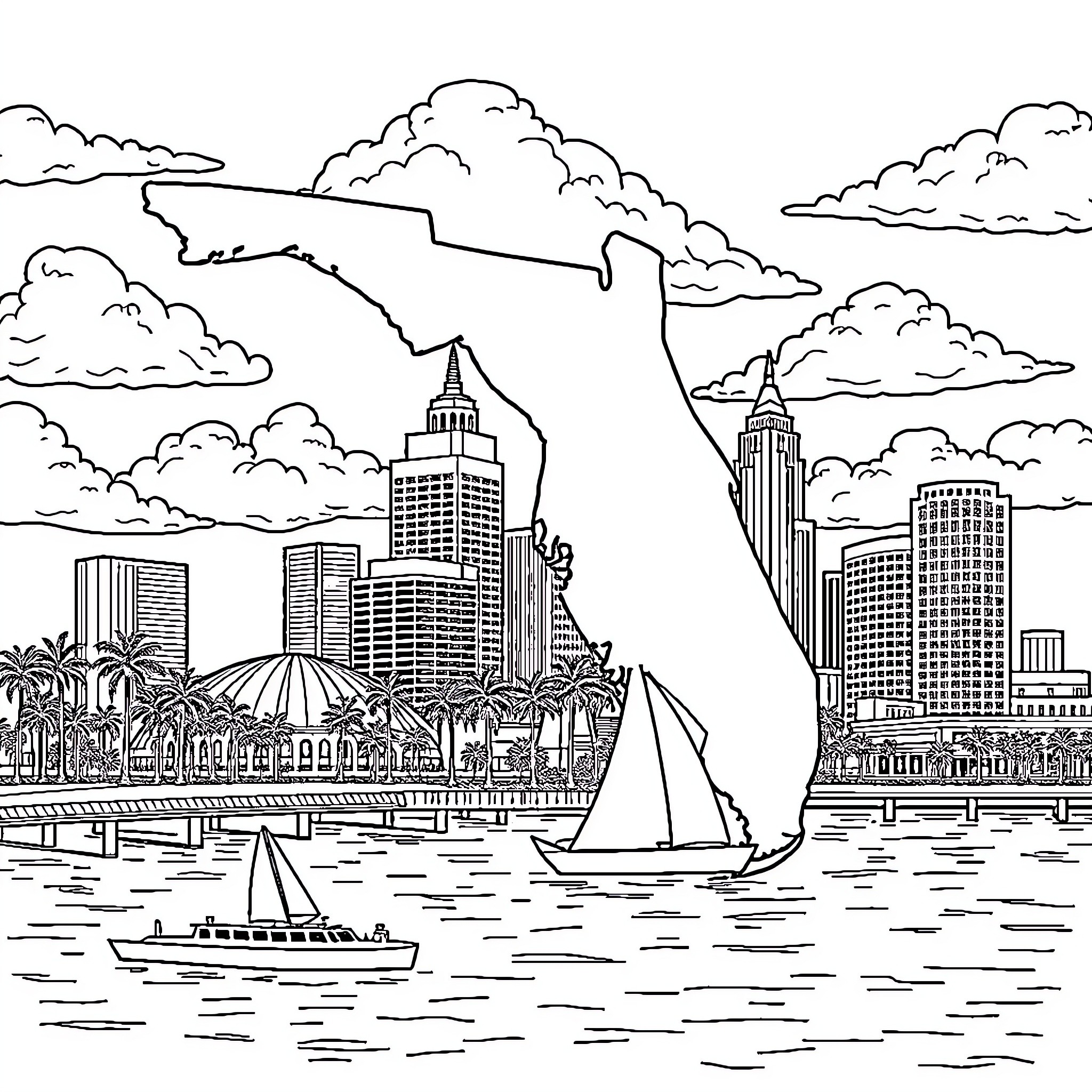 Florida Skyline with Boats and Clouds Coloring Page (free black-and-white line drawing printable PDF for all, from beginners to advanced learners, including children, teens, adults, and seniors)