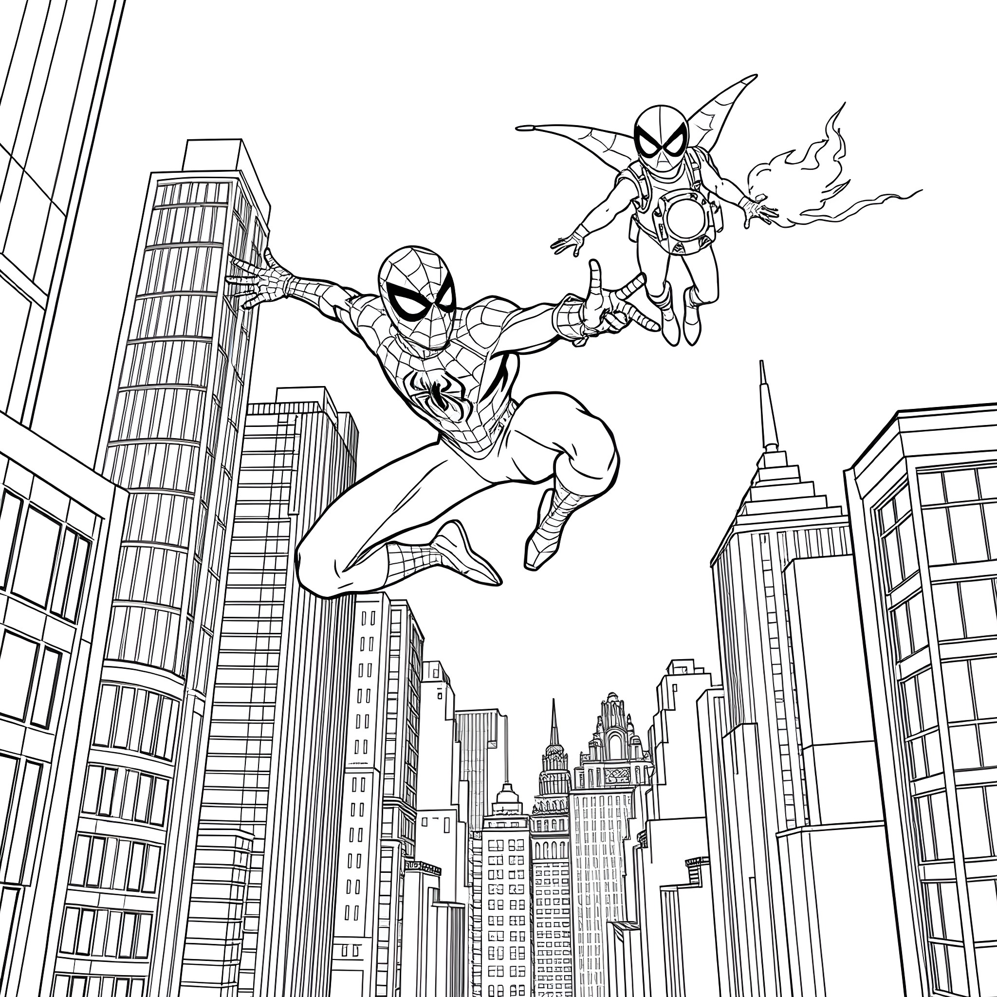 Spider-Man and Spider-Man swinging through the city Coloring Page (free black-and-white line drawing printable PDF for all, from beginners to advanced learners, including children, teens, adults, and seniors)