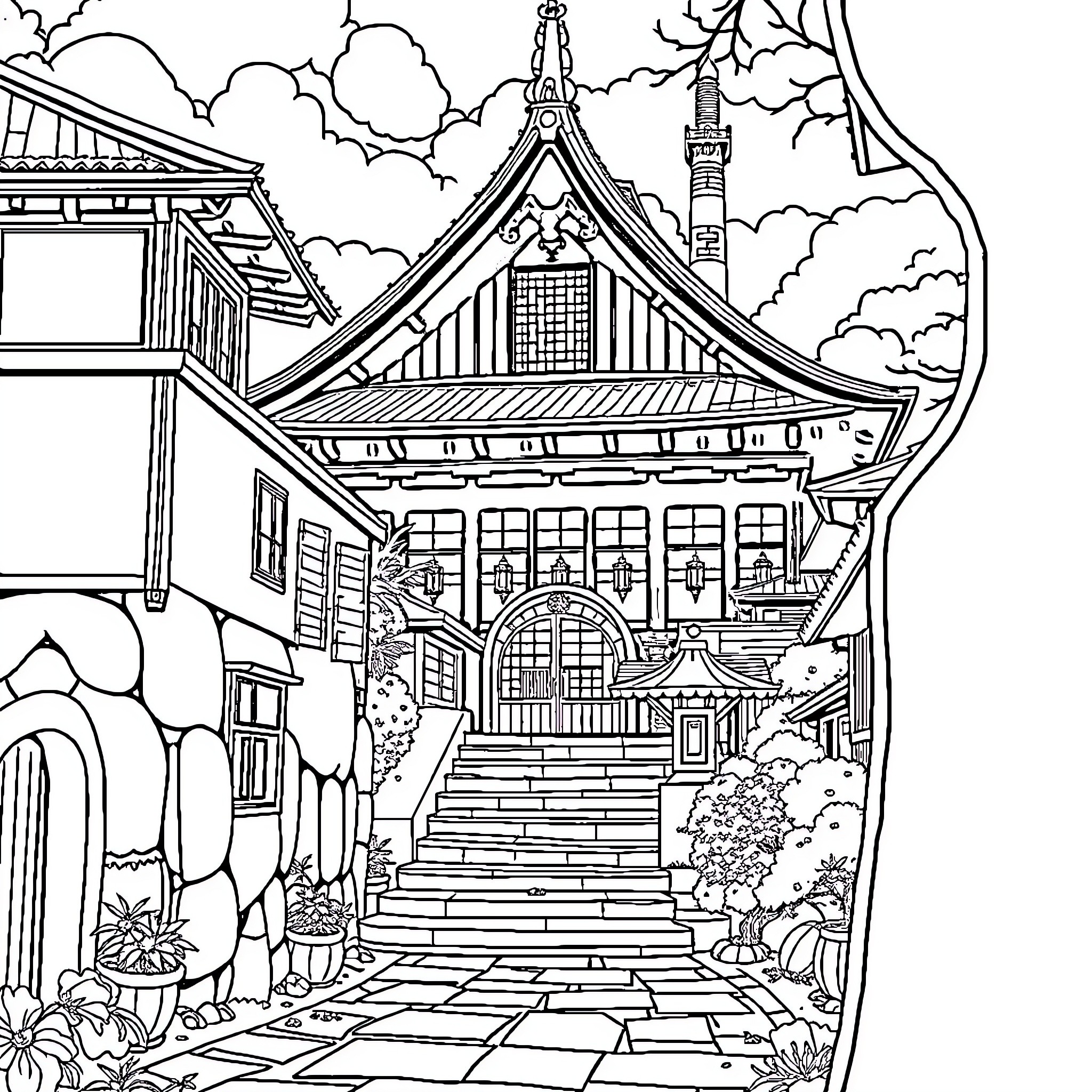 Ghibli Studios Traditional Japanese Architecture Coloring Page (free black-and-white line drawing printable PDF for all, from beginners to advanced learners, including children, teens, adults, and seniors)
