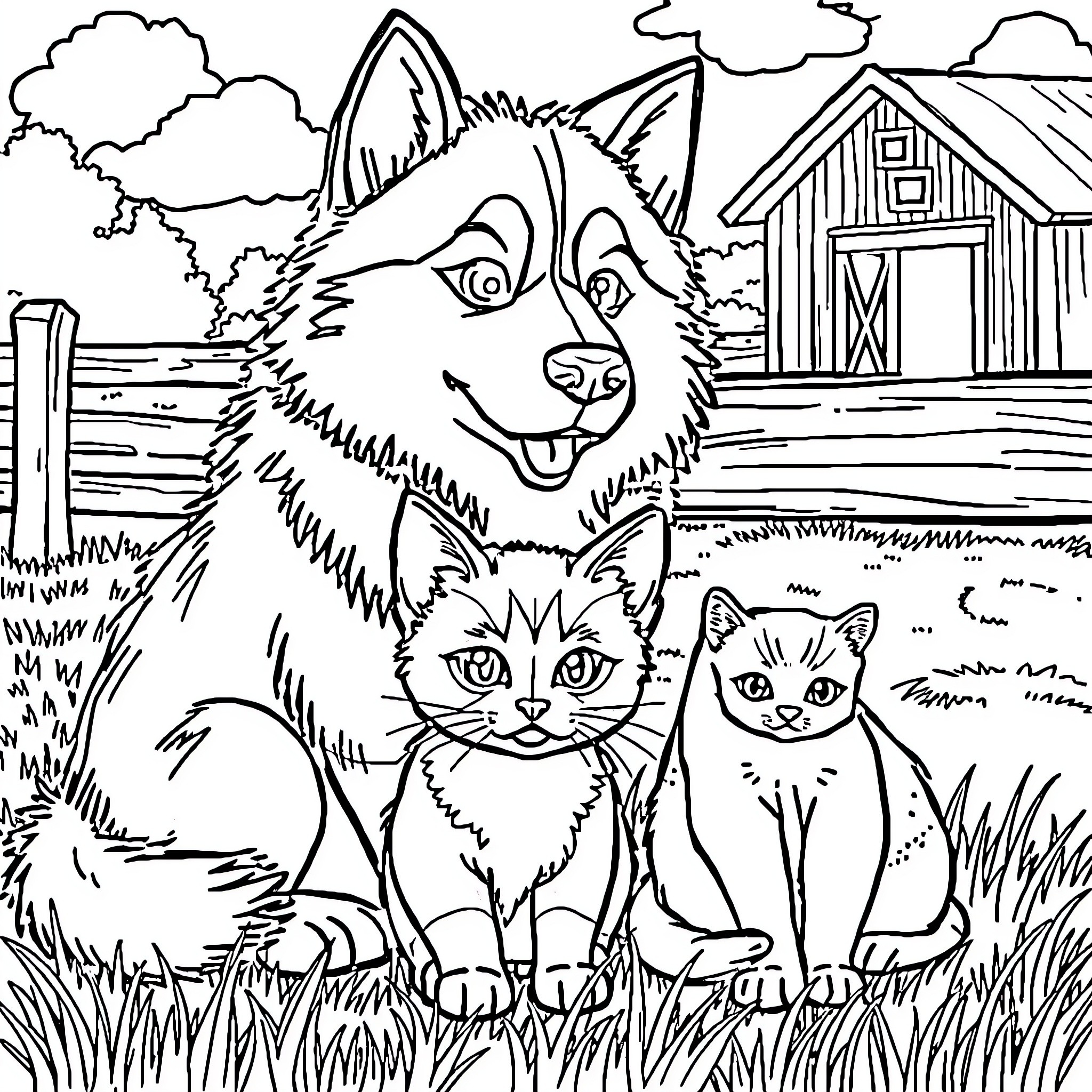 Husky and Feline Friends Exploring the Farm Coloring Page (free black-and-white line drawing printable PDF for all, from beginners to advanced learners, including children, teens, adults, and seniors)