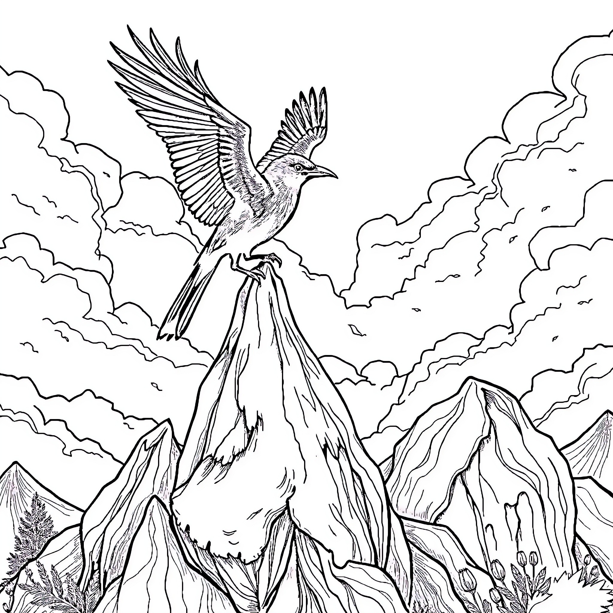 Raven soaring over majestic mountain landscape Coloring Page (free black-and-white line drawing printable PDF for all, from beginners to advanced learners, including children, teens, adults, and seniors)