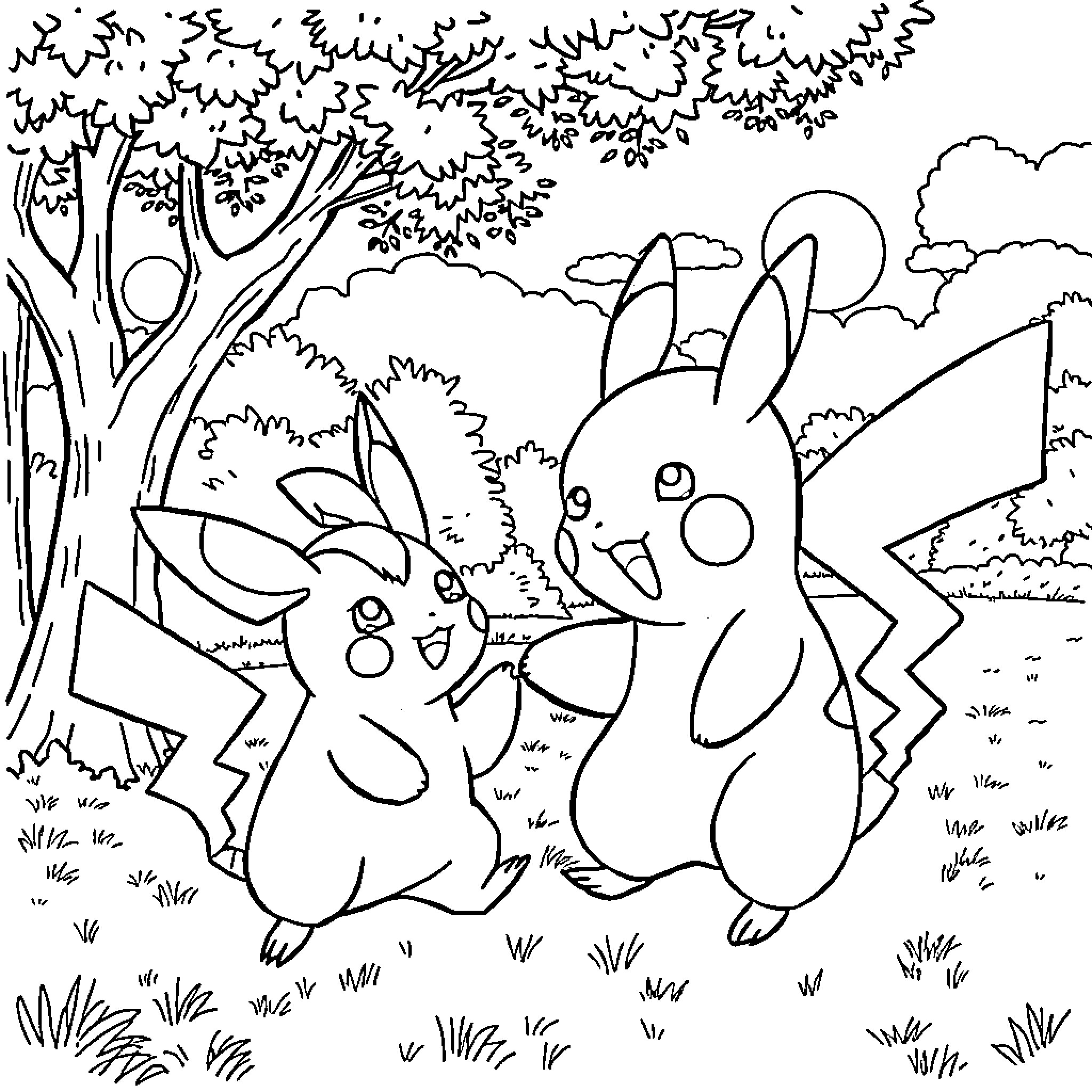 Pikachu and friends exploring the outdoor scene Coloring Page (free black-and-white line drawing printable PDF for all, from beginners to advanced learners, including children, teens, adults, and seniors)