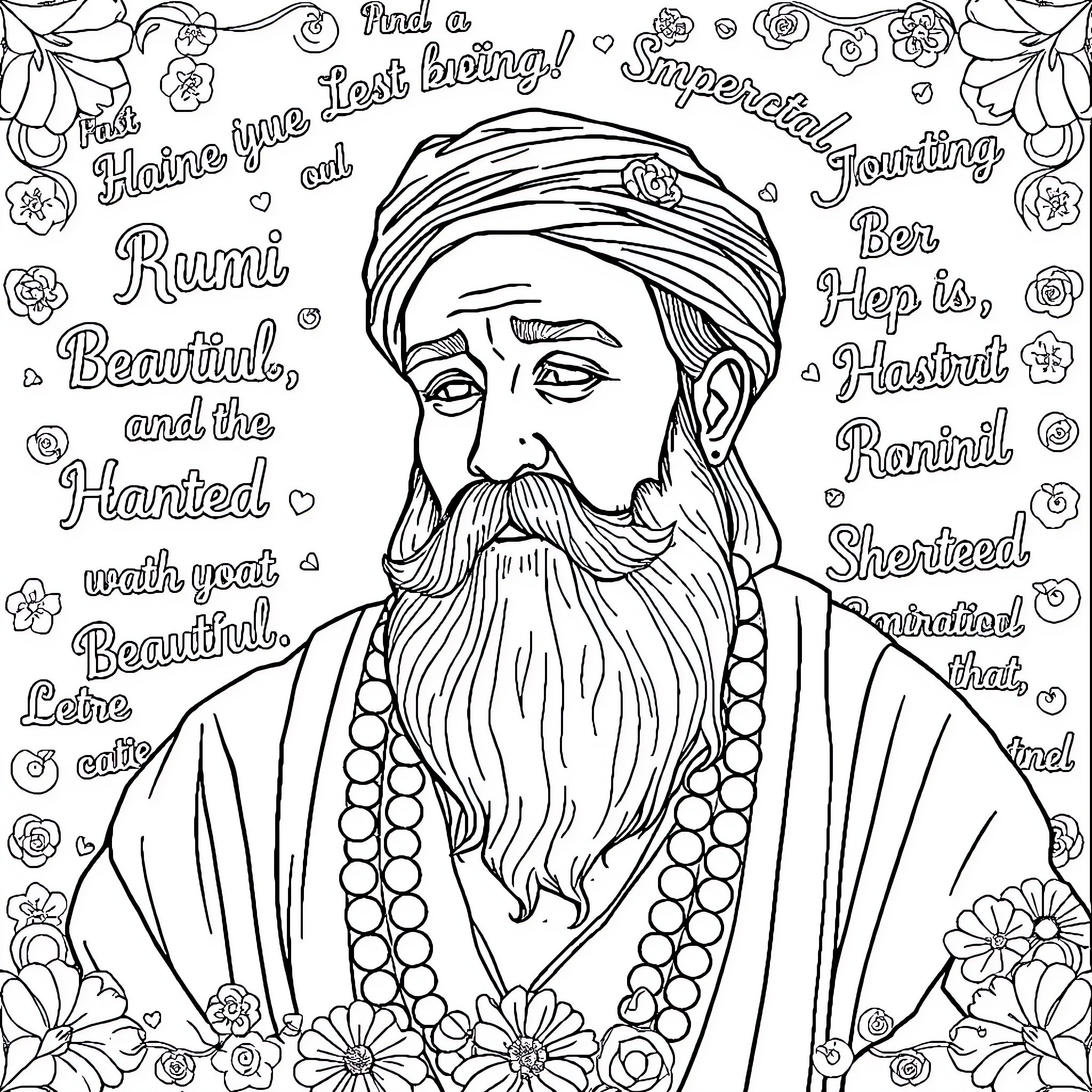 Rumi, the Revered Poet with Thoughtful Gaze Coloring Page (free black-and-white line drawing printable PDF for all, from beginners to advanced learners, including children, teens, adults, and seniors)