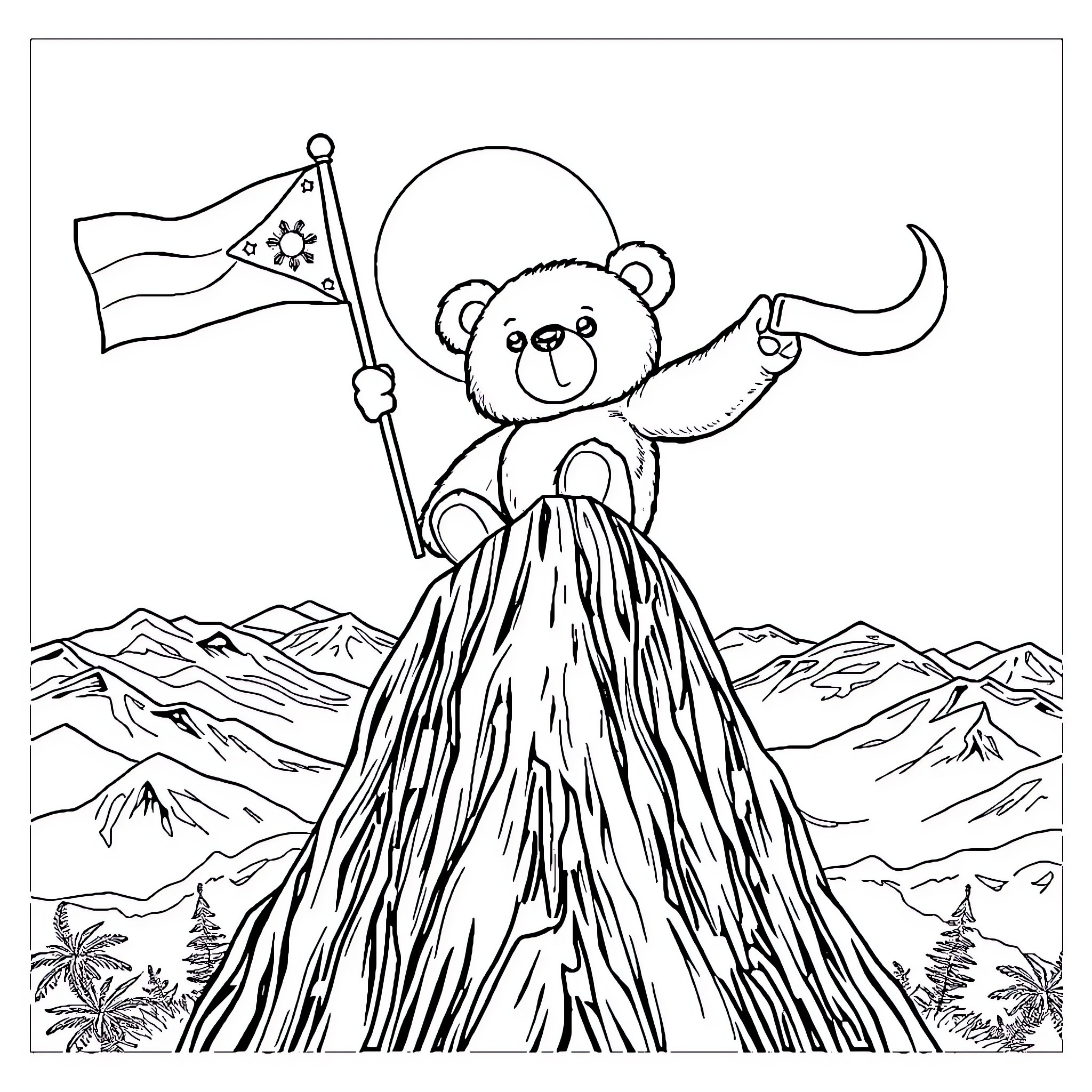 Teddy Bear Waving Flag in the Mountains Coloring Page (free black-and-white line drawing printable PDF for all, from beginners to advanced learners, including children, teens, adults, and seniors)