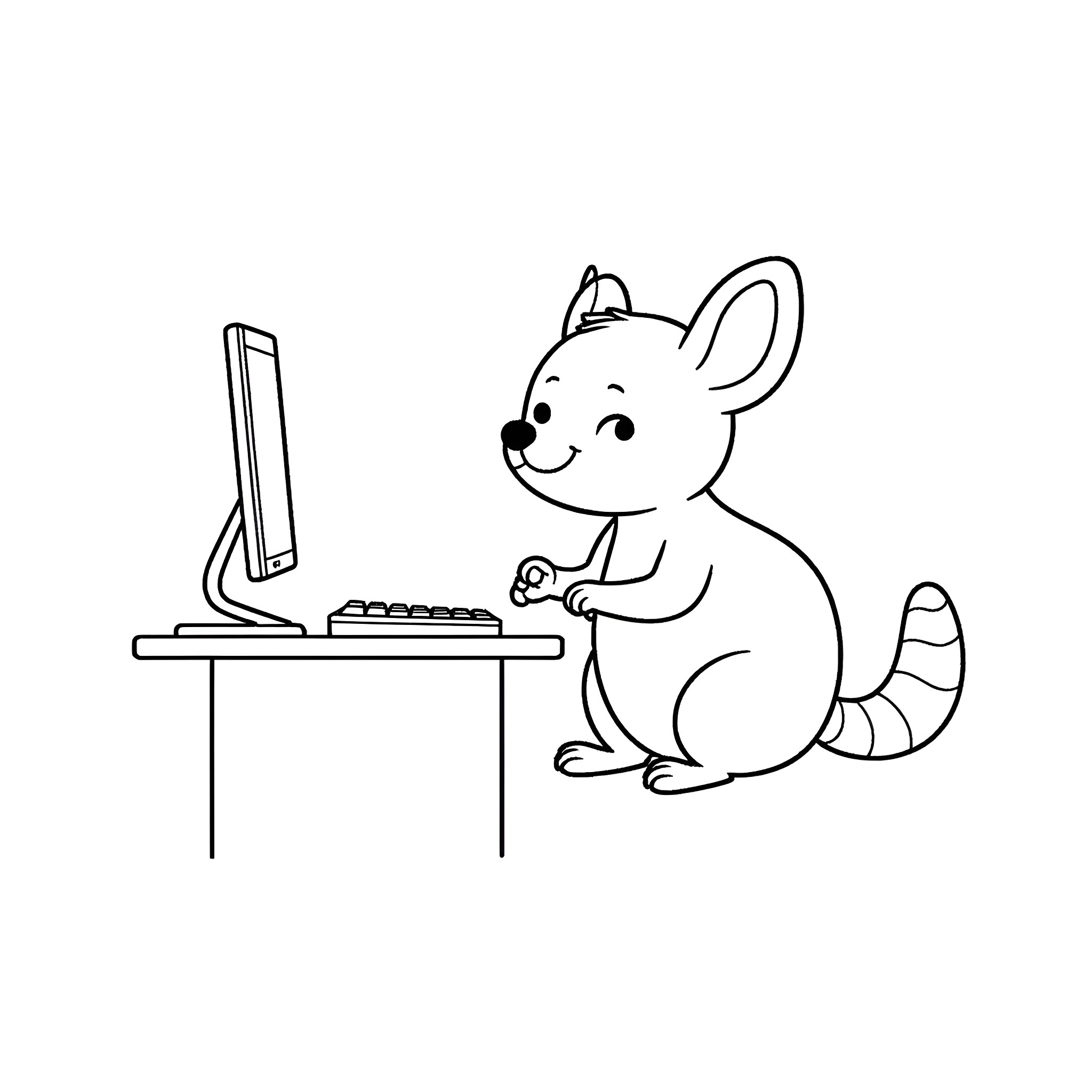 Quokka working at computer desk Coloring Page (free black-and-white line drawing printable PDF for all, from beginners to advanced learners, including children, teens, adults, and seniors)