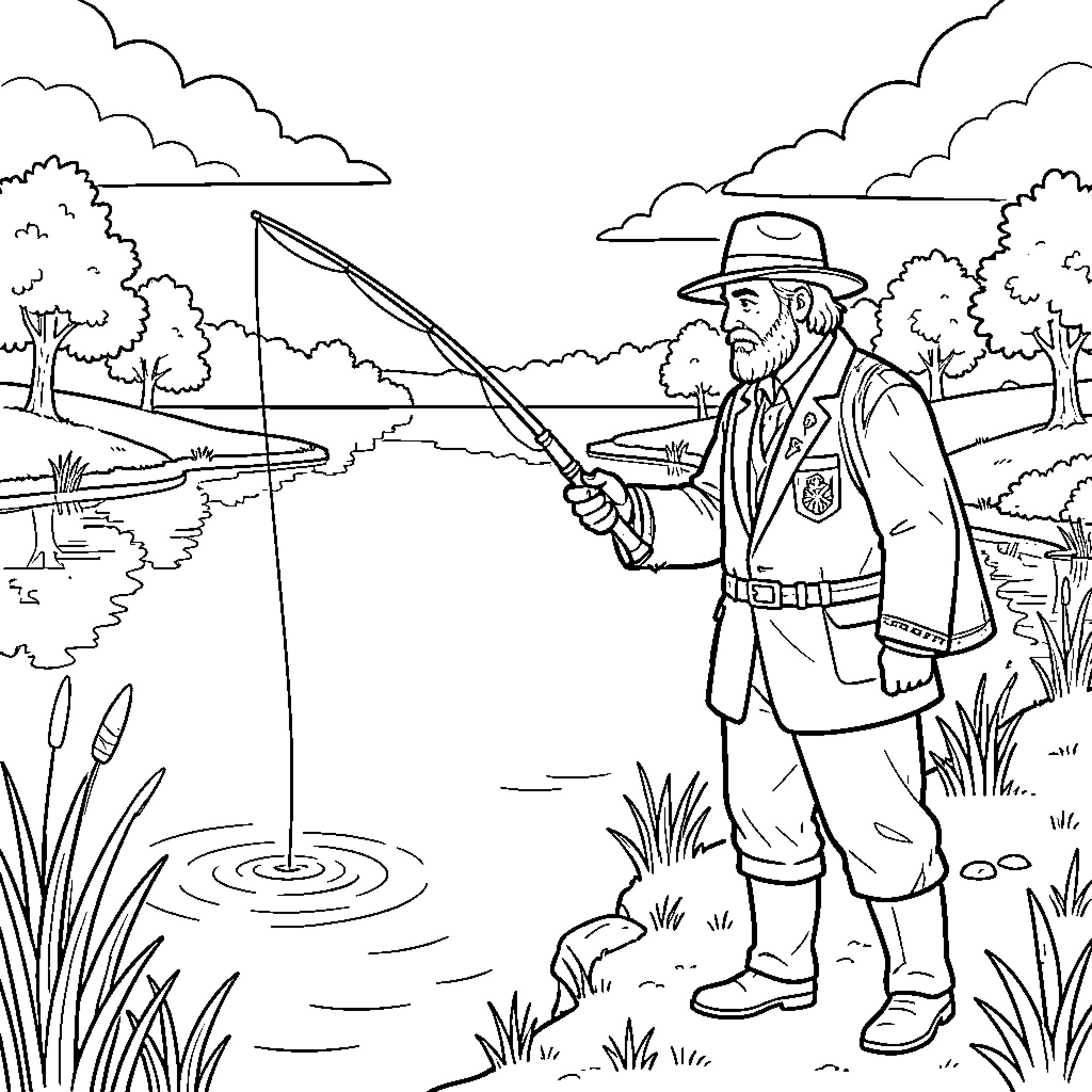 Freemason standing by a river fishing peacefully Coloring Page (free black-and-white line drawing printable PDF for all, from beginners to advanced learners, including children, teens, adults, and seniors)