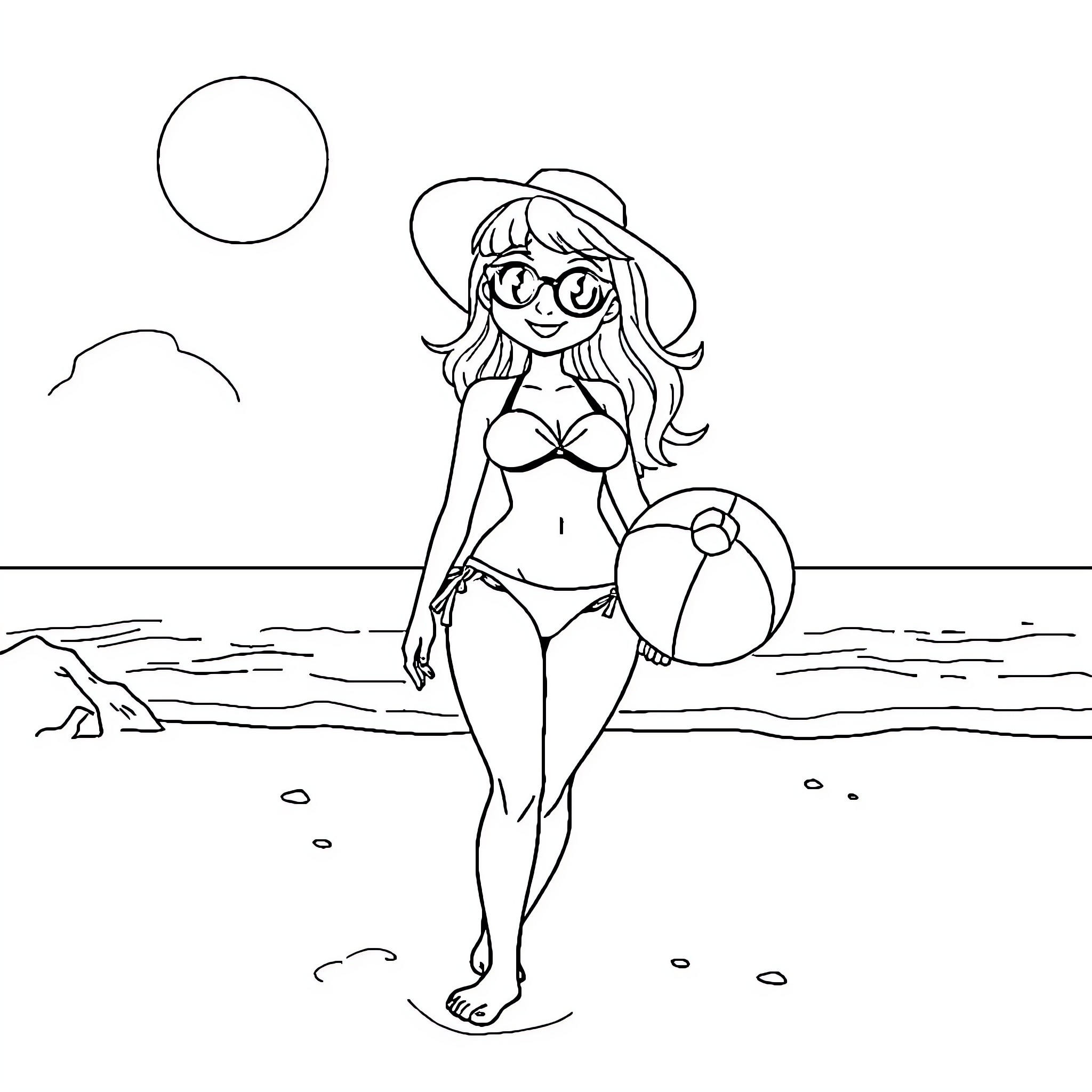 2B Woman in Swimsuit Enjoying Beach Day Coloring Page (free black-and-white line drawing printable PDF for all, from beginners to advanced learners, including children, teens, adults, and seniors)