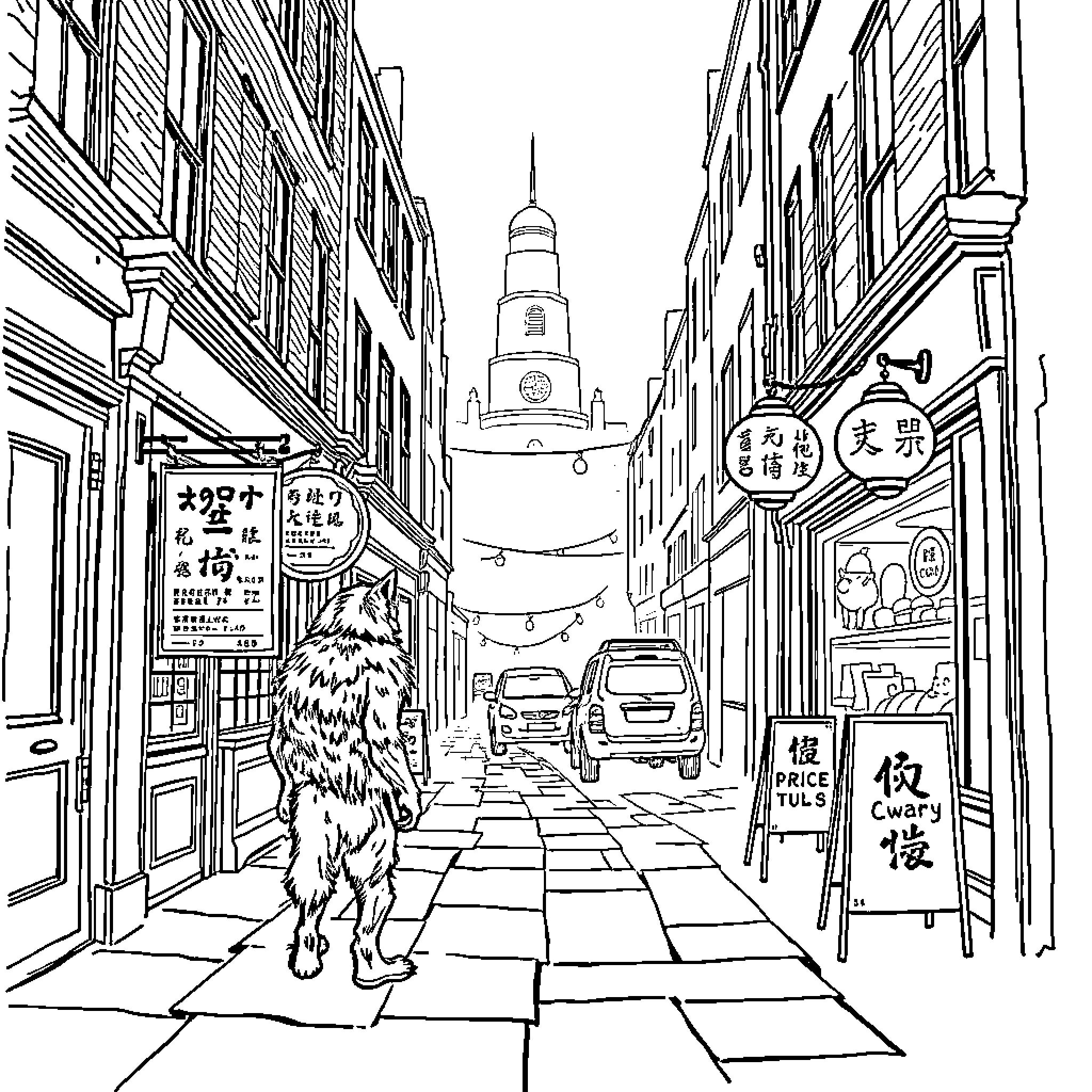 Werewolf Wandering through Bustling City Street Coloring Page (free black-and-white line drawing printable PDF for all, from beginners to advanced learners, including children, teens, adults, and seniors)