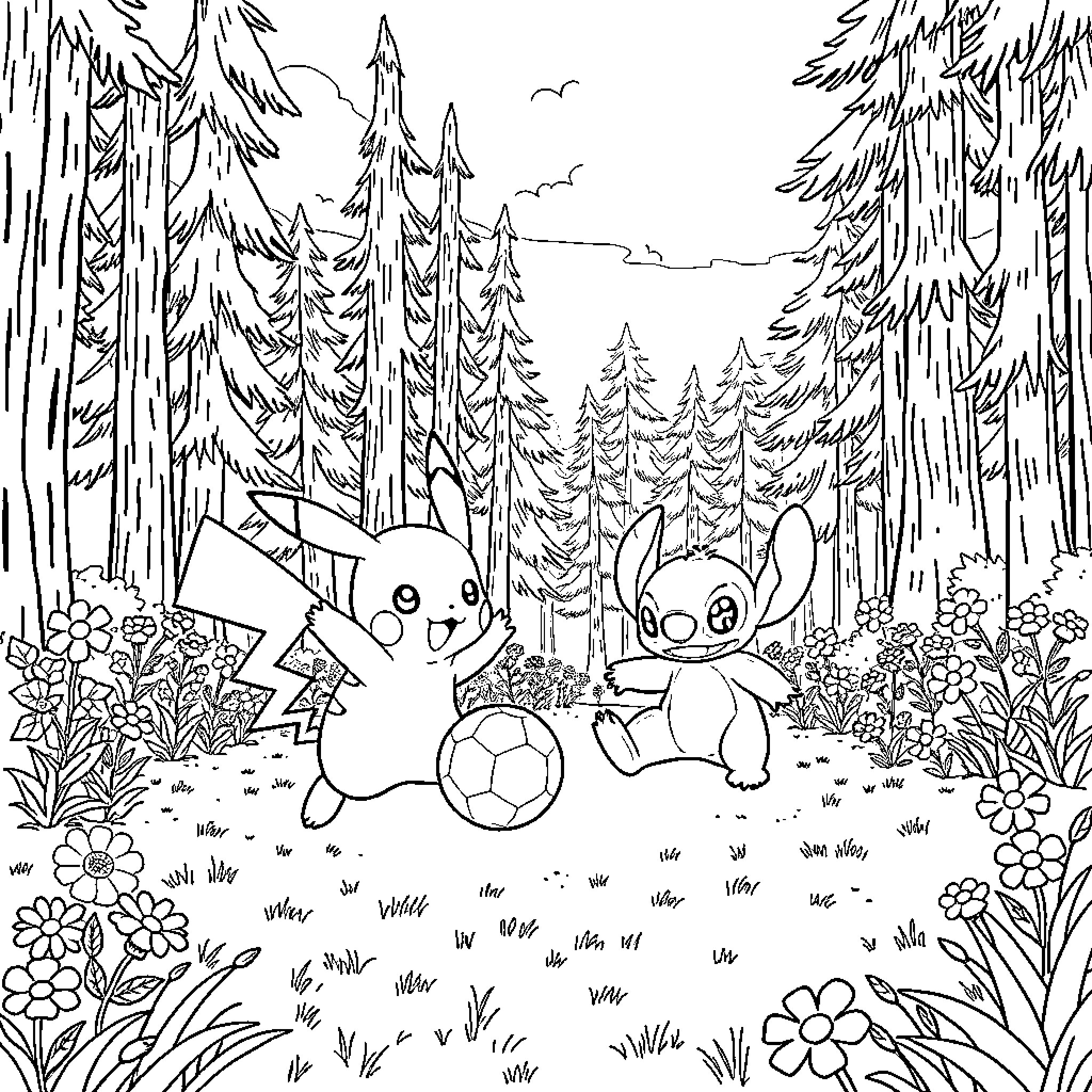 Pikachu playing with Bunny in the Enchanted Forest Coloring Page (free black-and-white line drawing printable PDF for all, from beginners to advanced learners, including children, teens, adults, and seniors)