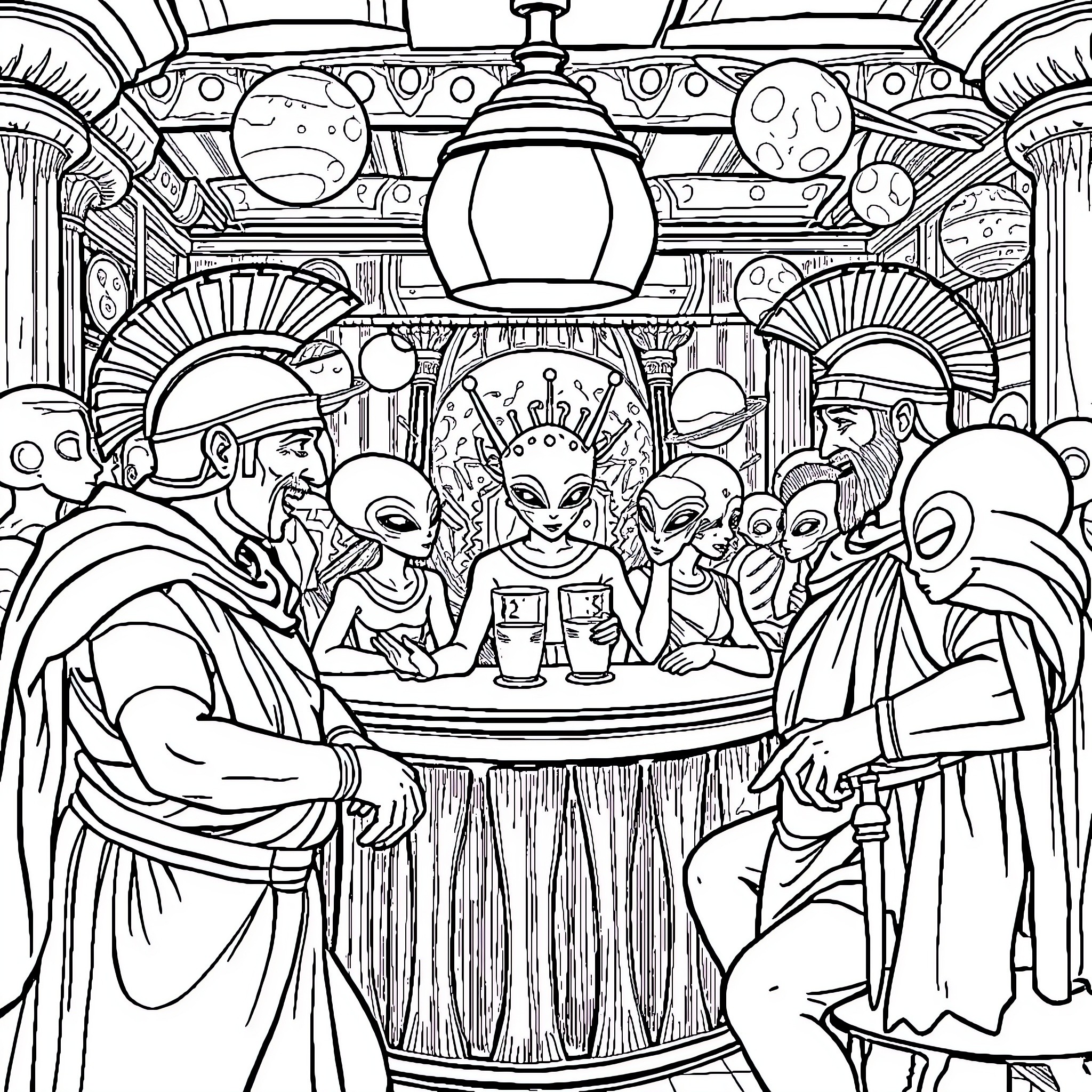 Soldier Gathering of Mysterious Figures in an Unusual Setting Coloring Page (free black-and-white line drawing printable PDF for all, from beginners to advanced learners, including children, teens, adults, and seniors)