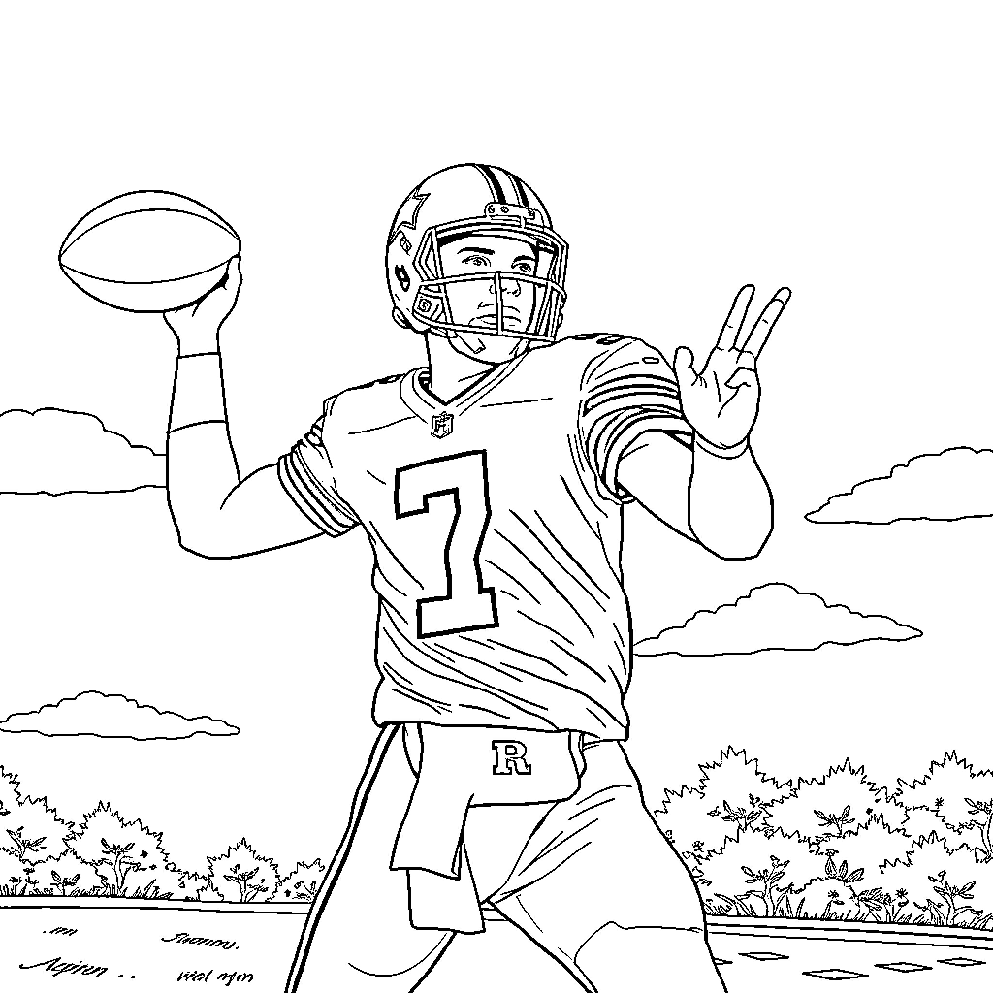Jerrod Goff, the Victorious Quarterback Coloring Page (free black-and-white line drawing printable PDF for all, from beginners to advanced learners, including children, teens, adults, and seniors)