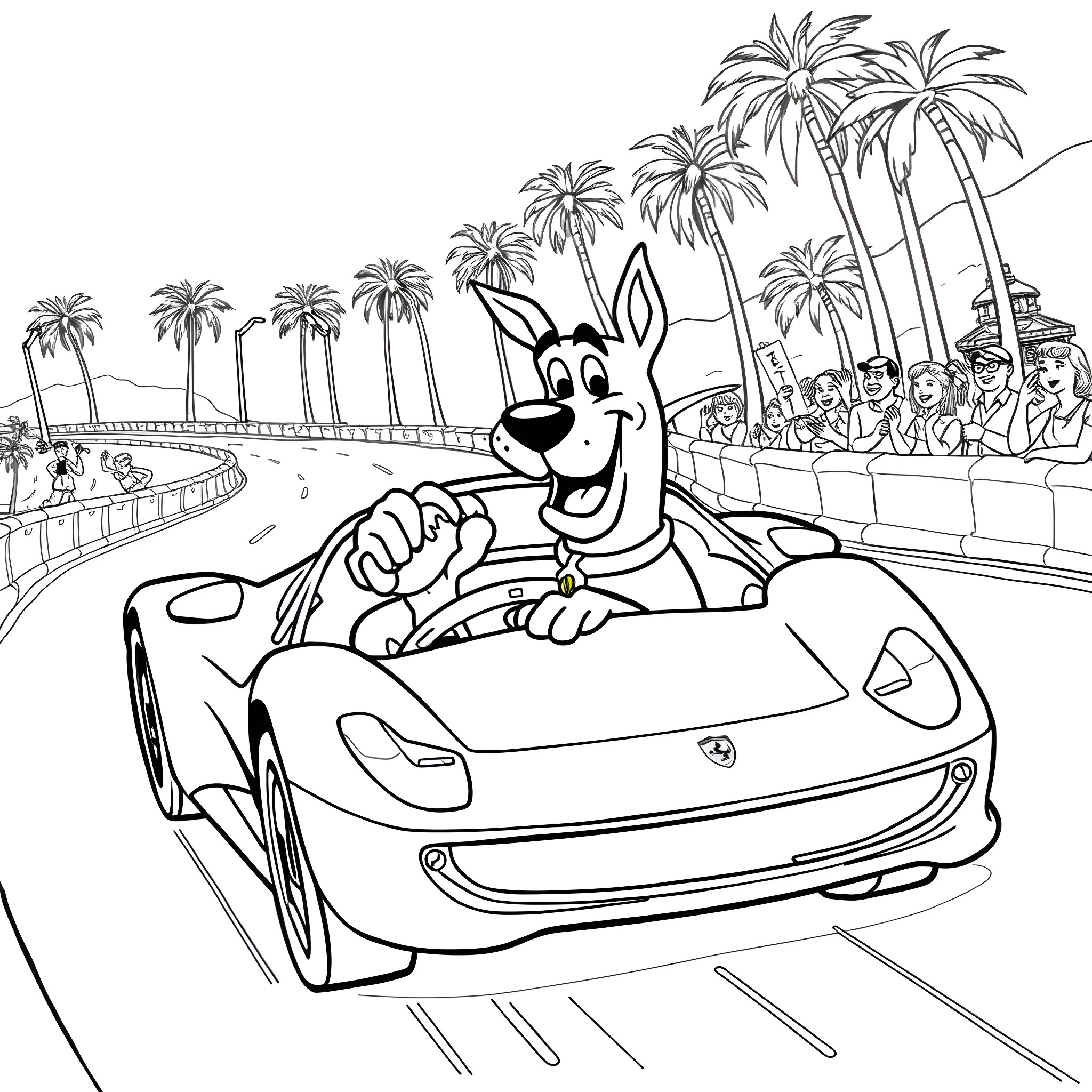 Scooby Doo driving a sports car on a beach Coloring Page (free black-and-white line drawing printable PDF for all, from beginners to advanced learners, including children, teens, adults, and seniors)