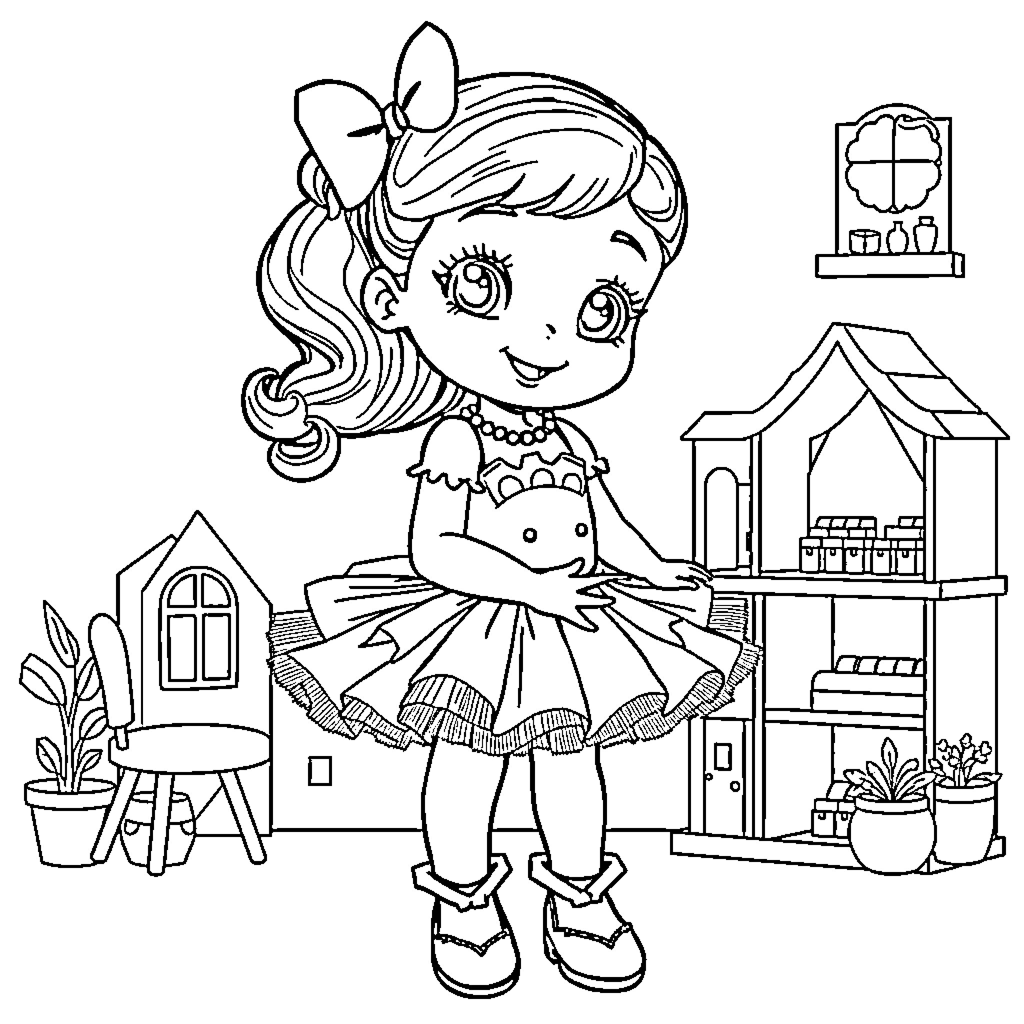 Gabby's Playful Adventures in a Cozy Dollhouse Coloring Page (free black-and-white line drawing printable PDF for all, from beginners to advanced learners, including children, teens, adults, and seniors)