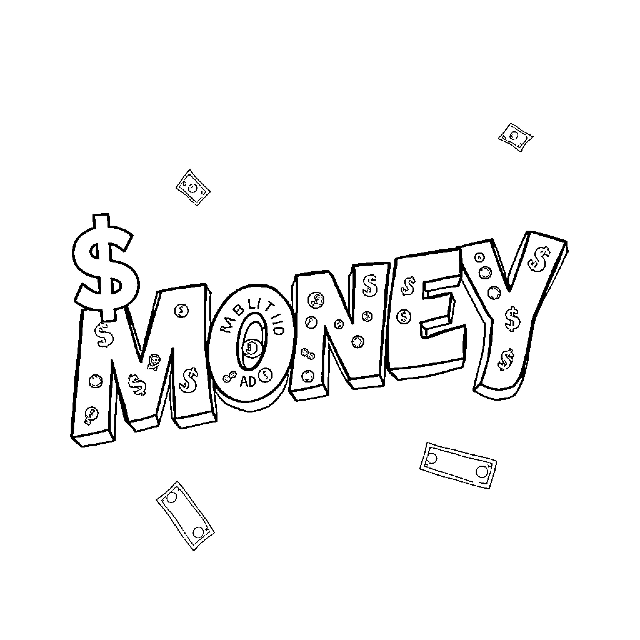 Cash Money Falling Dollars and Coins Coloring Page (free black-and-white line drawing printable PDF for all, from beginners to advanced learners, including children, teens, adults, and seniors)